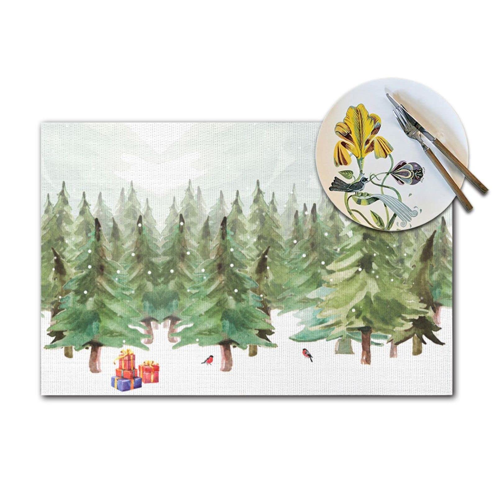 Christmas Pine Forest Placemats Set of 4 - Washable PVC Table Mats for Dining Table, Holiday Decor, Vinyl Woven Place Settings for Christmas Dinner Party & Home Decor