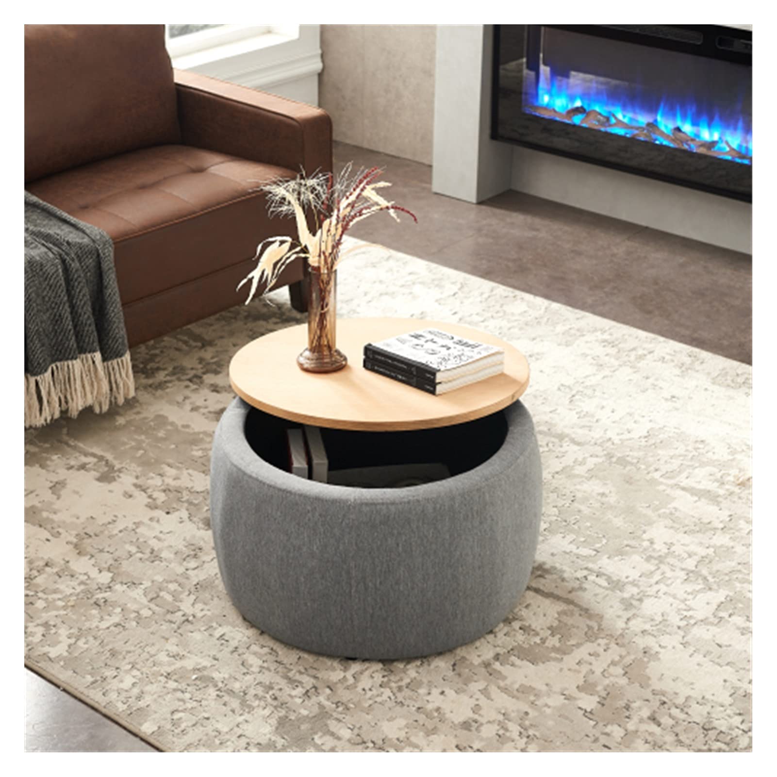 2-in-1 Round Shoe Storage Ottoman & End Table - Dark Grey Multifunctional Furniture for Entryway, Bedroom & Living Room Organization