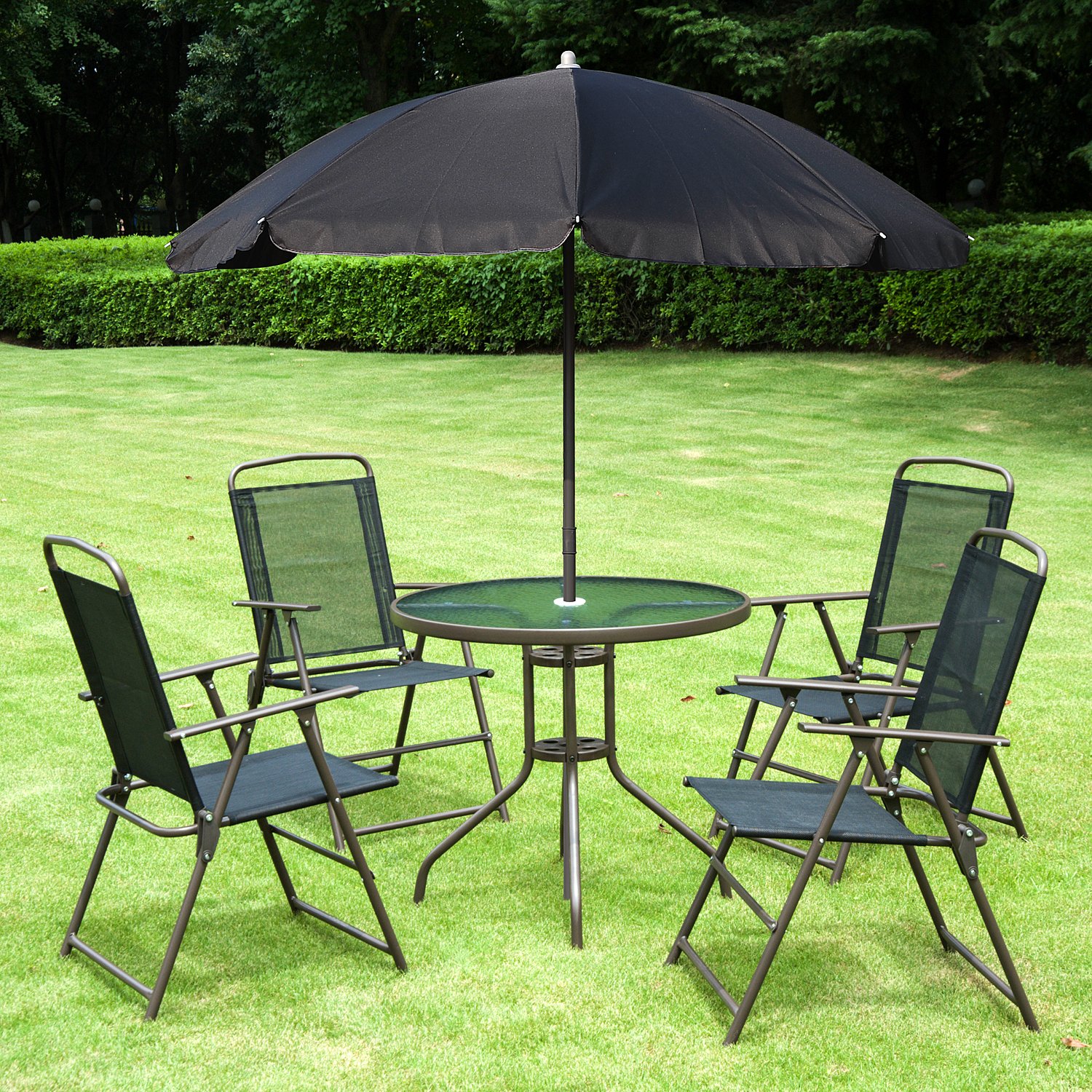Outsunny 6-Piece Black Patio Dining Set with Umbrella - Round Glass Table & 4 Folding Chairs for Outdoor, Garden, Backyard, Poolside - Perfect for BBQs, Parties & Relaxing in the Sun