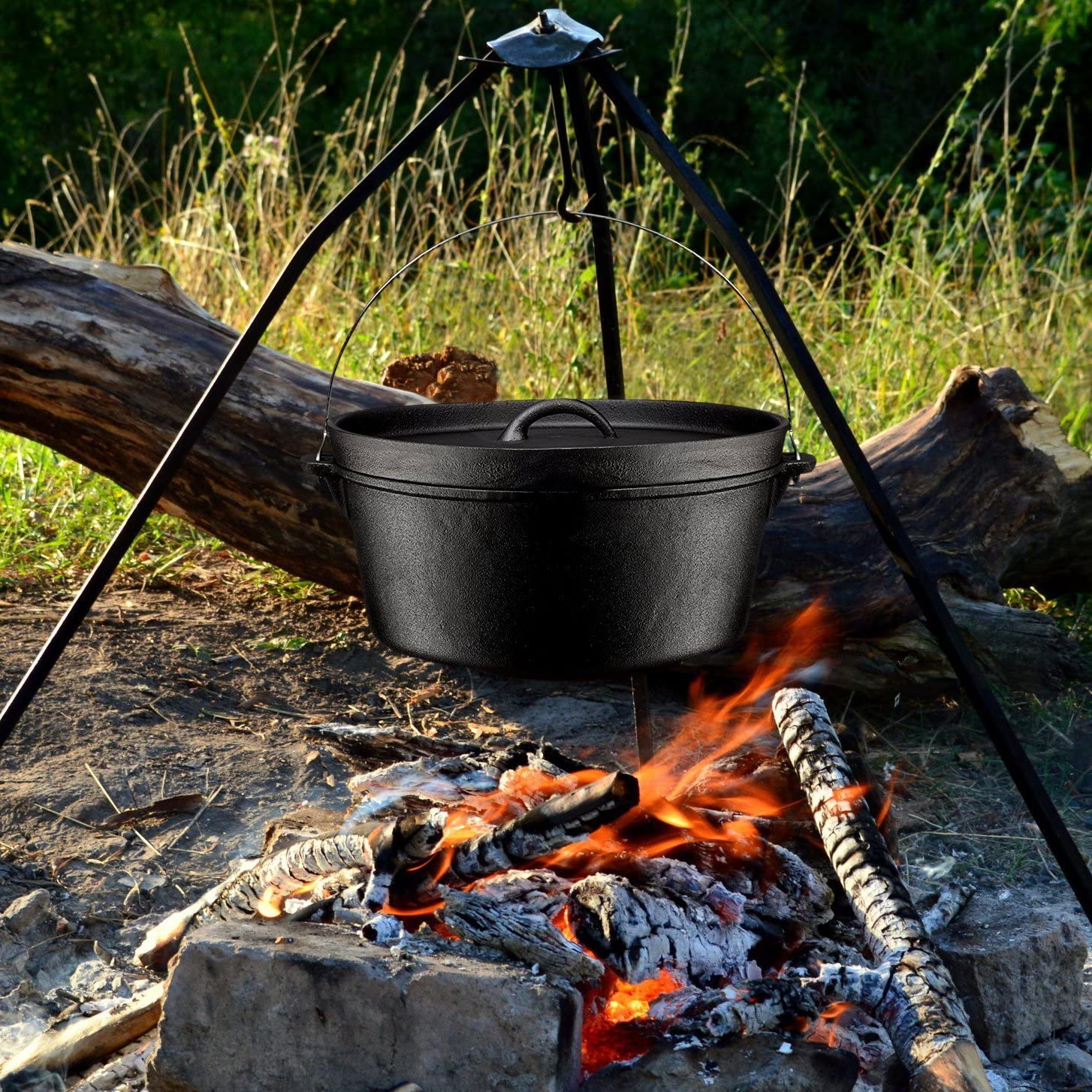 Bruntmor 8 Quart Pre-Seasoned Cast Iron Dutch Oven with Flanged Lid - Heavy Duty Camping Cookware for Outdoor Cooking, Campfire Meals, Fireplace Stews & Backyard BBQs - Perfect for Dutch Oven Bread, Chili & Slow Cooking