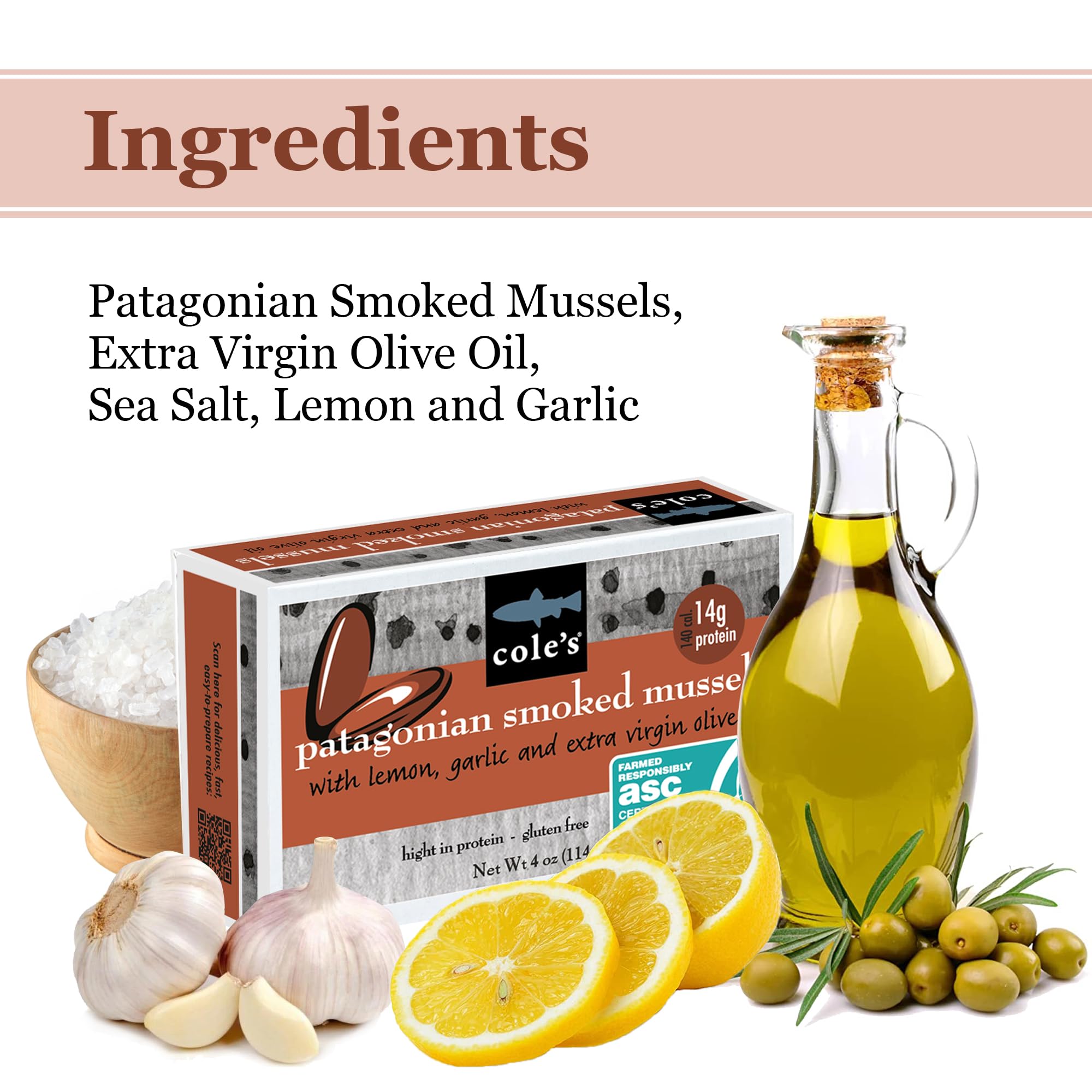 Cole's Patagonian Smoked Mussels in Lemon & Garlic Olive Oil | 4oz Canned Seafood | High Protein (14g per Can) | Pack of 5 | Perfect for Salads, Pasta & Charcuterie Boards