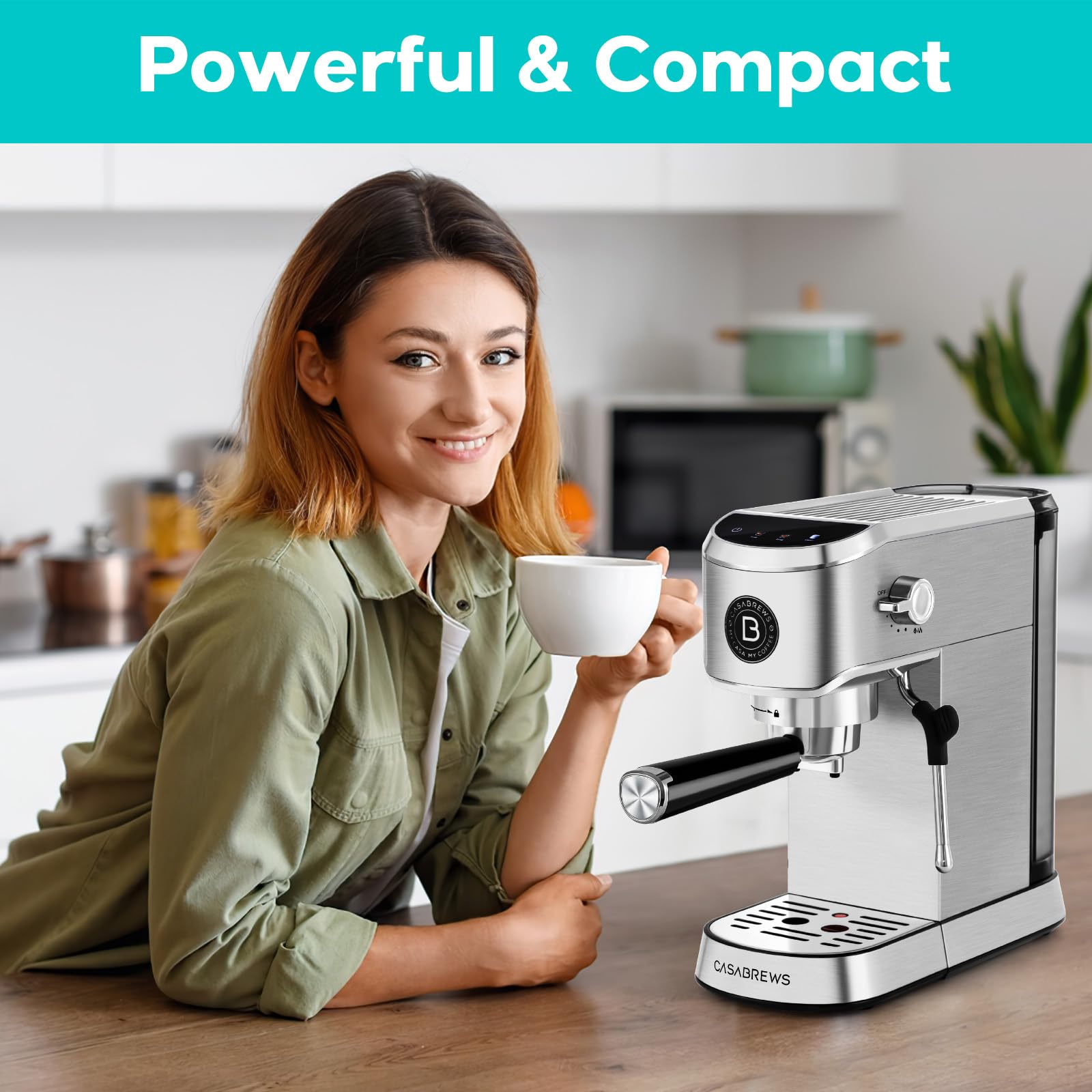 CASABREWS 20 Bar Professional Espresso Machine with Milk Frother - Compact Stainless Steel Cappuccino & Latte Maker - 34oz Removable Water Tank & Touchscreen (Silver) - Perfect for Home Baristas & Coffee Lovers