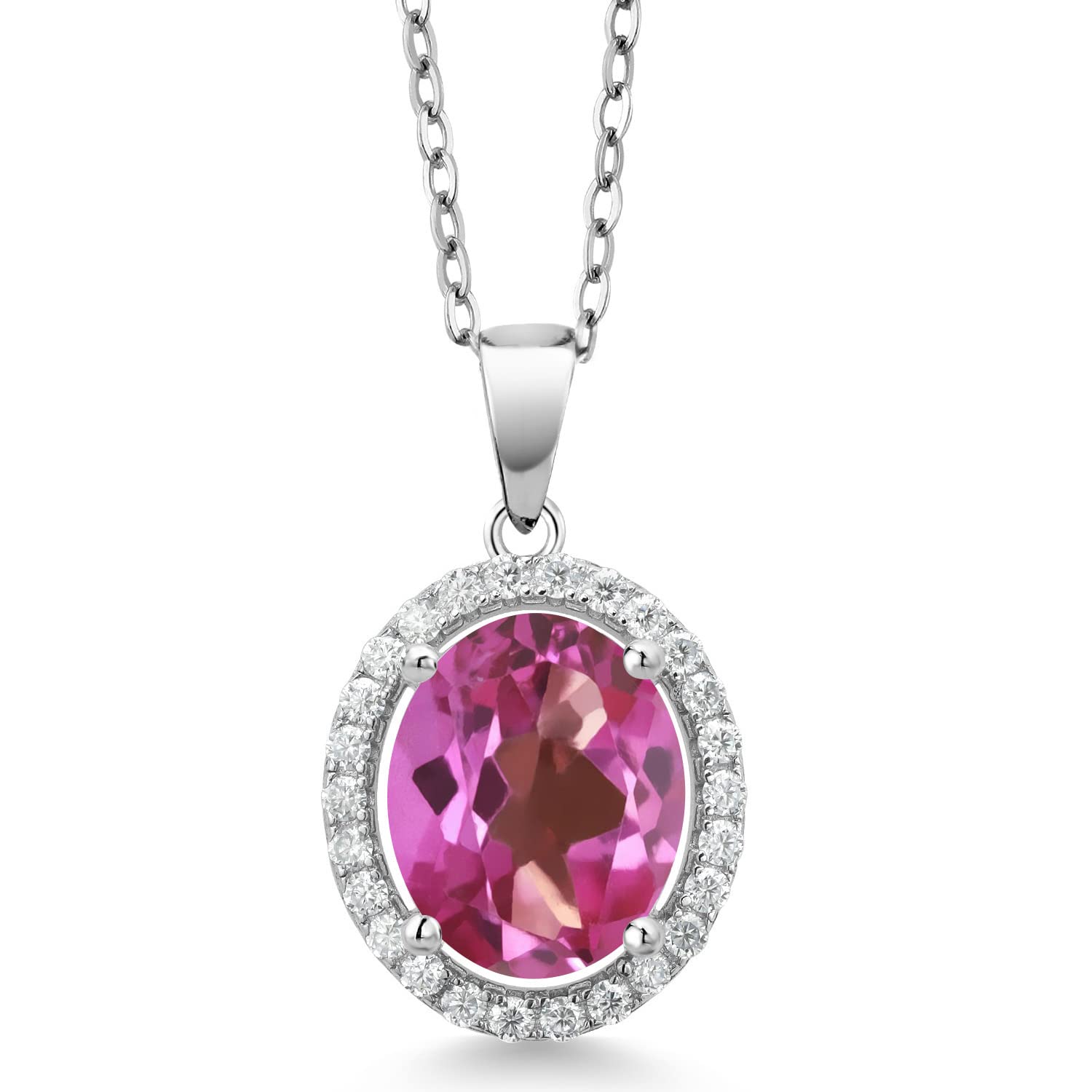 Gem Stone King 925 Sterling Silver 11X9MM Oval Birthstone & White Moissanite Halo Pendant Necklace for Women | 18 Inch Chain | Perfect for Birthday Gifts, Anniversary, Valentine's Day & Special Occasions