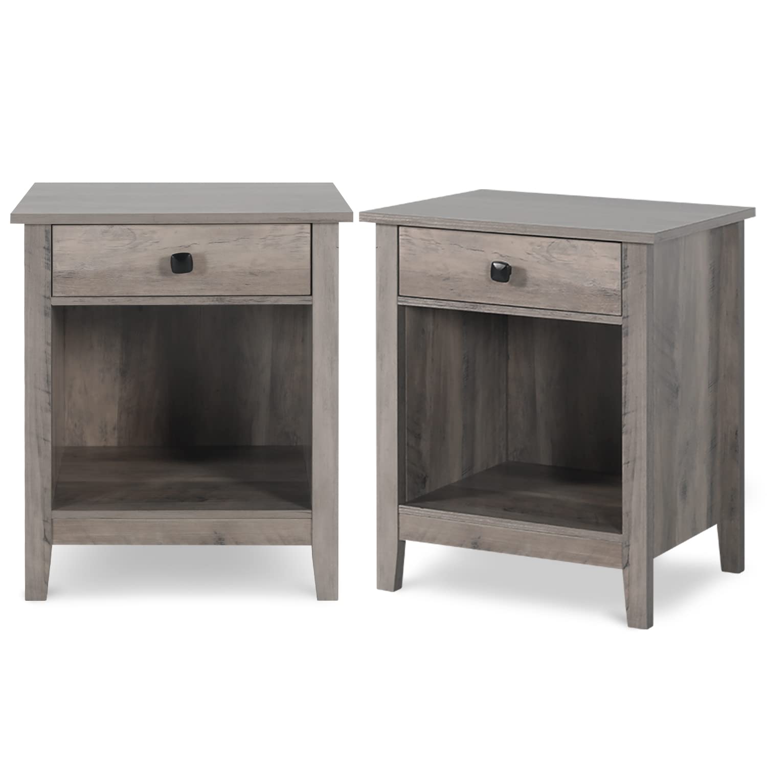 Vikiullf Nightstand Set of 2 - Wooden Bedside Tables with Drawers, Farmhouse Style Bedroom Furniture (Grey Wood Grain, 1-Drawer) - Perfect for Master Bedroom, Guest Room & Small Space Living