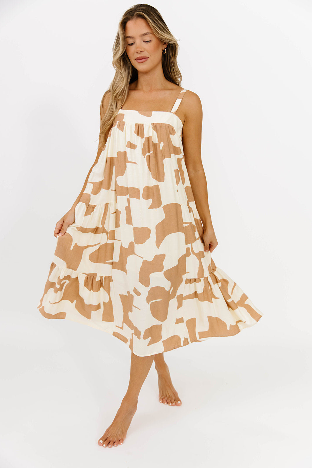 Padma Abstract Print Shirring Tiered Flowy Midi Dress in Ivory/Taupe - Elegant Boho Chic Dress for Women, Perfect for Summer Weddings, Beach Vacations & Date Nights