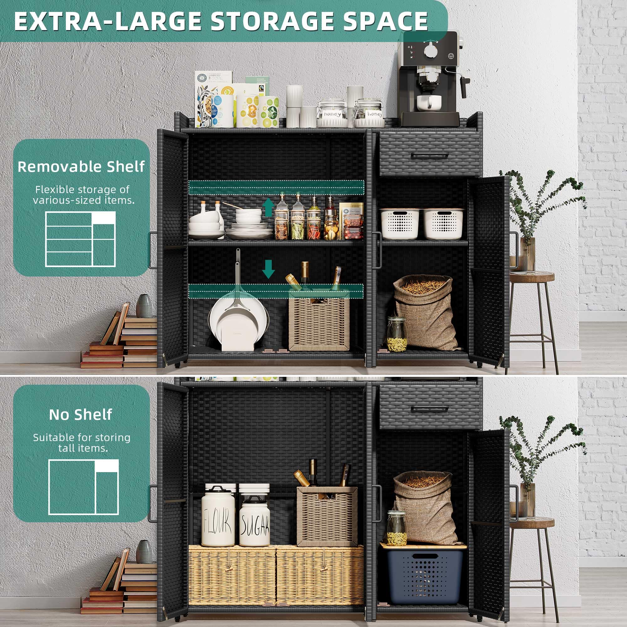 YITAHOME Outdoor Storage Cabinet - Weatherproof Rattan Bar Table with 2 Doors, Adjustable Shelves & Foldable Drawer - Wicker Patio Storage Box for Outdoor Cushions, Pool Tools & Garden Accessories - Perfect for Backyard, Deck & Poolside Organization - Black