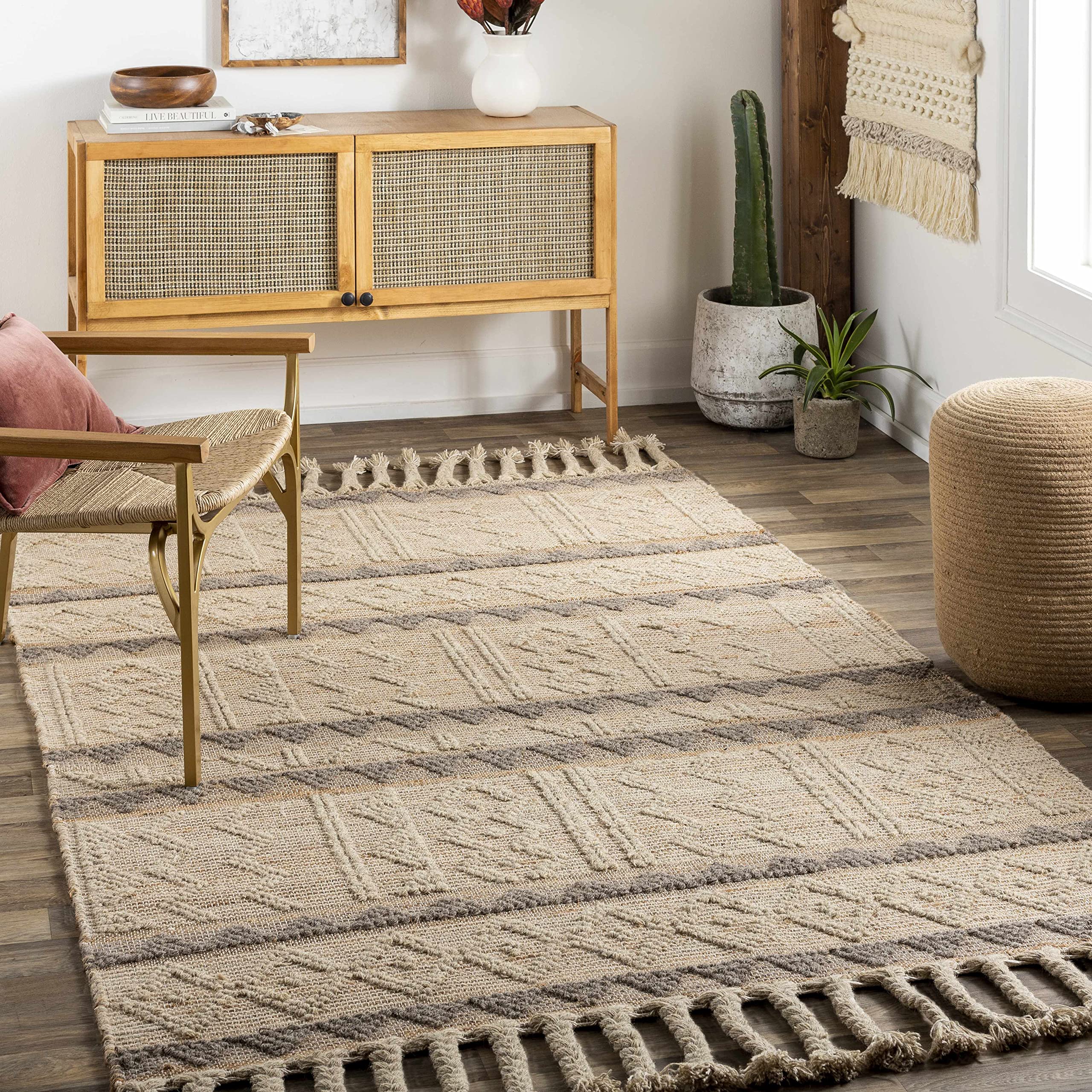 Bohemian Transitional Jute Area Rug 2' x 3' - Tan & Gray Handwoven Natural Fiber Rug for Living Room, Bedroom & Home Decor - Eco-Friendly Floor Mat for Cozy Boho Chic Spaces