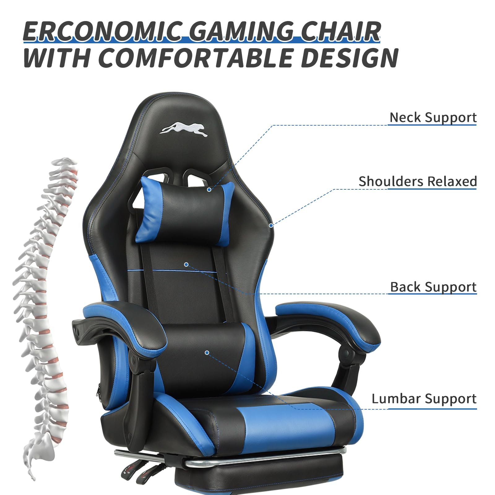 Premium Leopard Print Gaming Chair with Adjustable Footrest & Lumbar Support - Ergonomic Computer Game Chair for PC, Console Gaming, Office & Home - Height Adjustable Racing Style Chair (Black/Blue) - Perfect for Esports, Streaming & Long Work Sessions