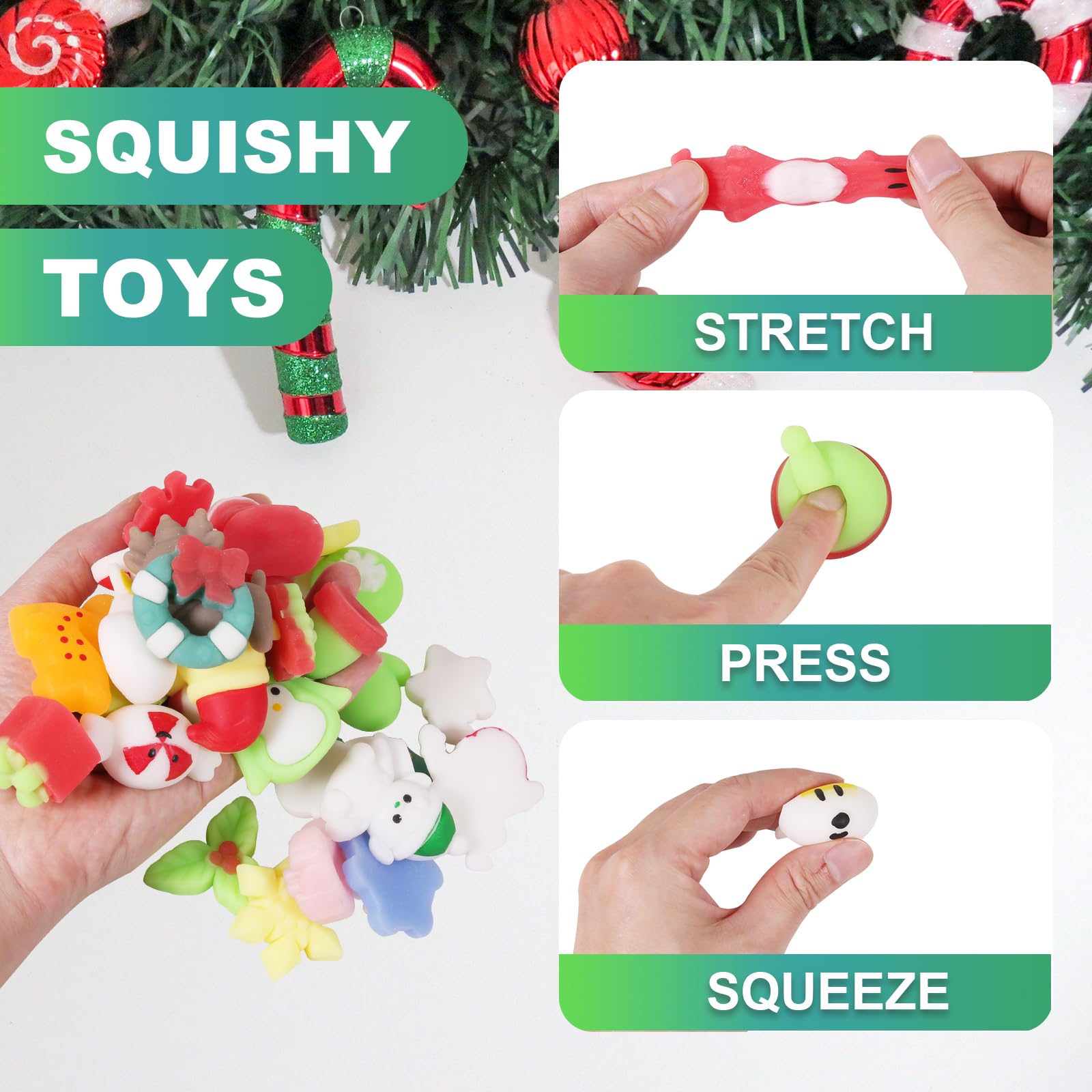 32pcs Christmas Mochi Squishy Toys - Slow Rising Soft Stress Relief Toys for Kids, Bulk Party Favors & Goodie Bag Gifts, Fun Classroom Prizes & Stocking Stuffers - Perfect for Holiday Parties, School Rewards and Christmas Gift Exchanges
