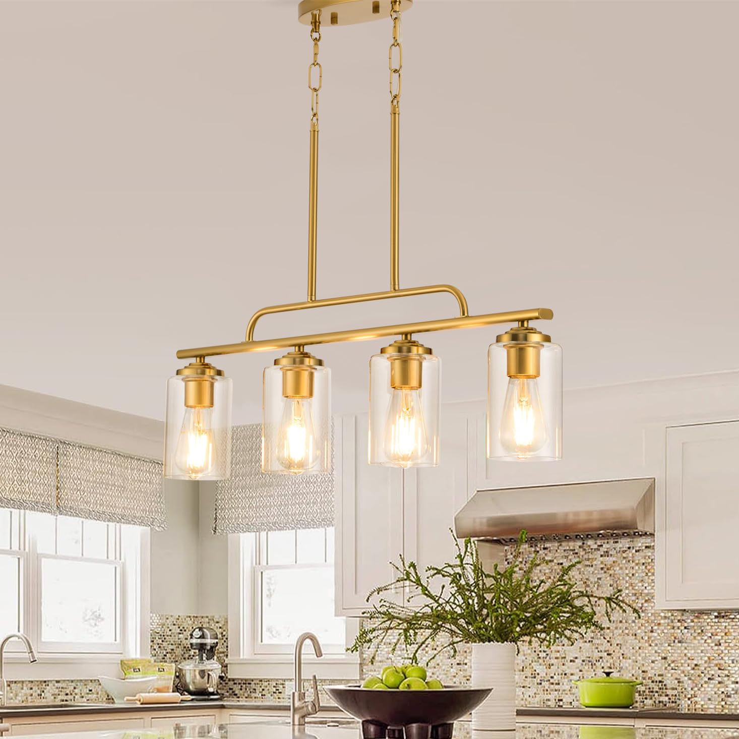 Brushed Gold Modern Linear Chandelier - 4-Light Pendant Lighting Fixture for Kitchen Island & Dining Room | Durable Ceiling Hanging Light Over Table | Perfect for Contemporary Homes, Restaurants, and Open-Concept Spaces