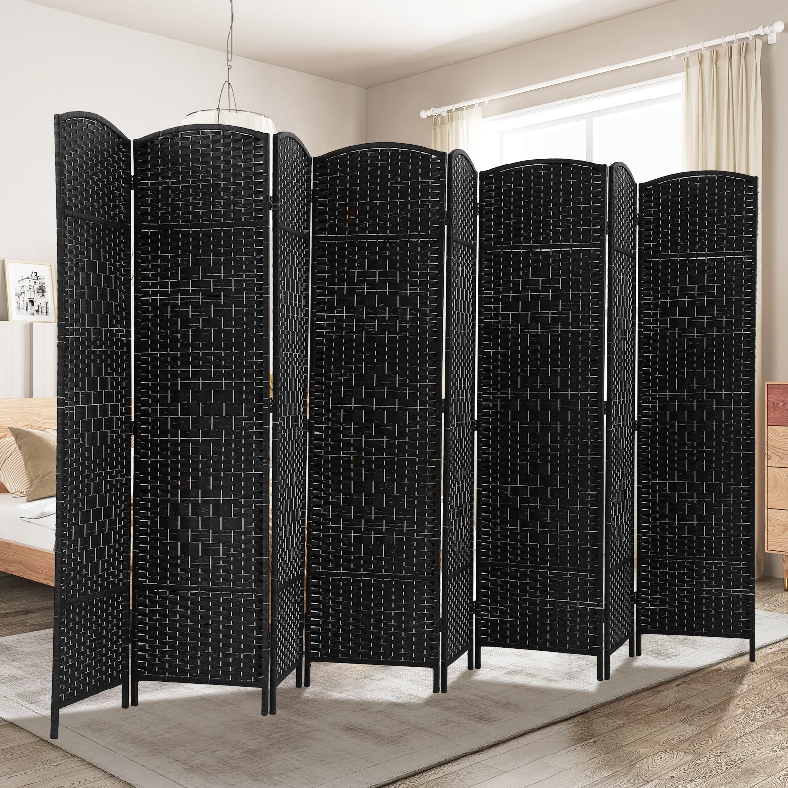 8 Panel Folding Room Divider - 6FT Tall Wood Privacy Screen for Home & Office - Portable Partition Wall for Bedroom, Living Room, Dorm - Black Indoor Decorative Screen (Ideal for Creating Private Spaces, Room Separation & Home Decor)