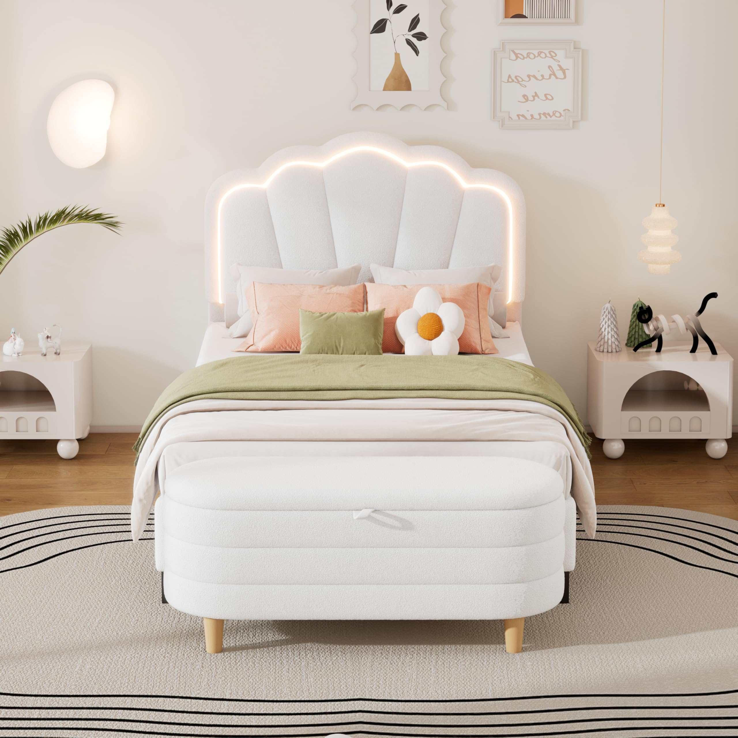 SOFTSEA Twin Size Upholstered Platform Bed with LED Lights & Storage Ottoman - 2 Piece White Bedroom Furniture Set for Modern Teens & Small Spaces | Perfect for Dorm Rooms, Studio Apartments & Guest Bedrooms