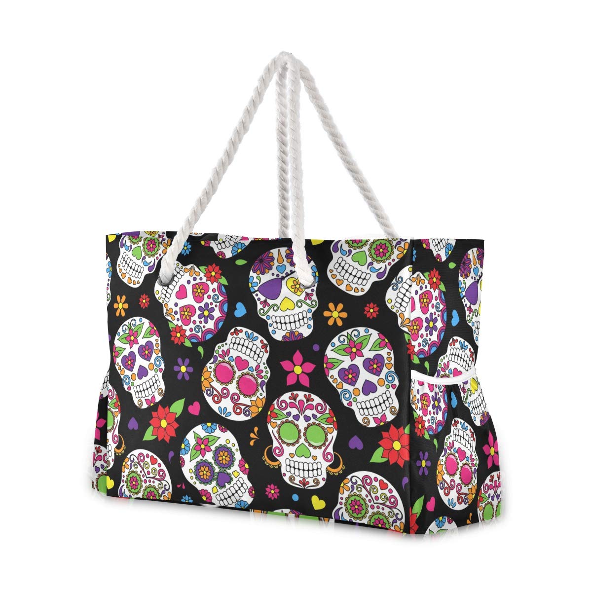 ALAZA Sugar Skull Beach Tote Bag - Stylish Halloween & Day of the Dead Travel Bag for Women, Waterproof Camping & Gym Tote - Perfect for Beach Trips, Workouts & Festival Outings