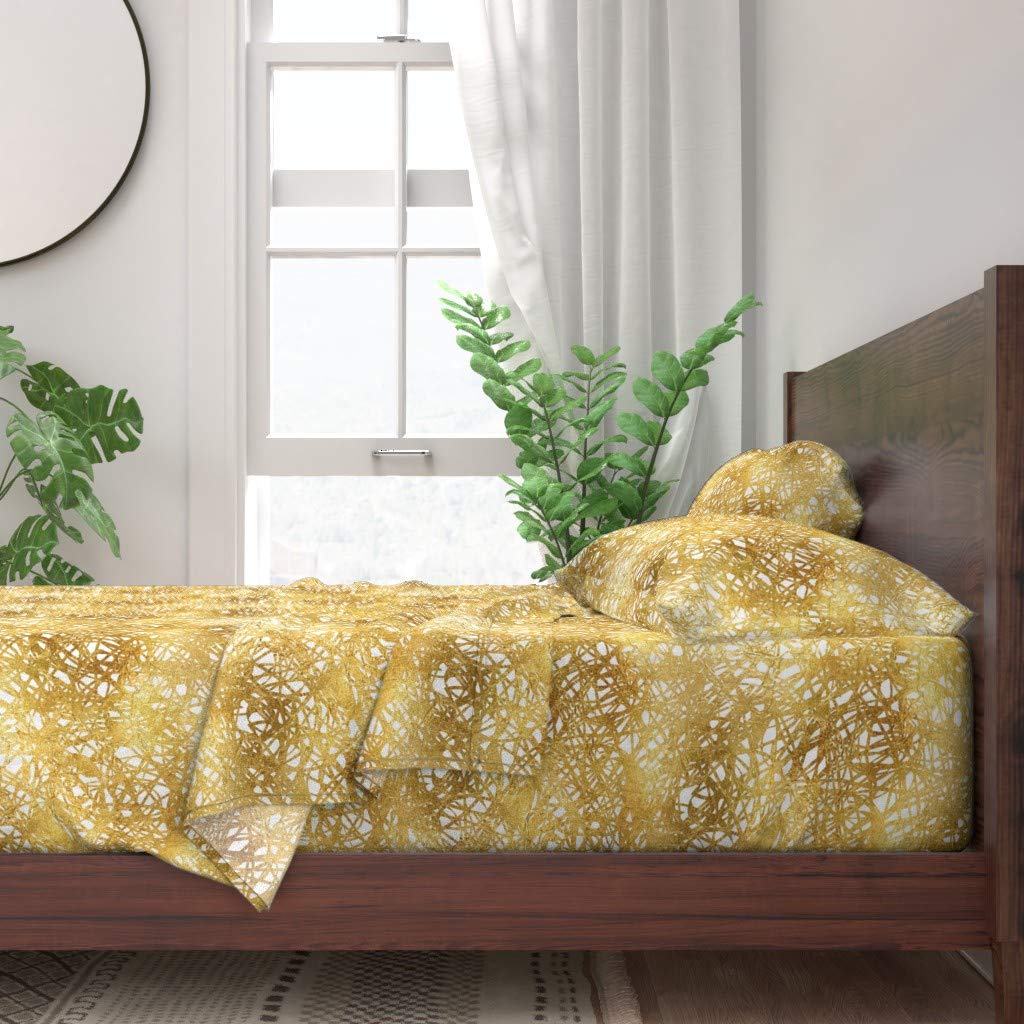 100% Cotton Twin Sheet Set 3pc - Mustard Gold Midcentury Modern Abstract Doodle Print | Soft Breathable Bedding for Kids & Adults | Perfect for Guest Rooms, Dorms & Cozy Home Decor