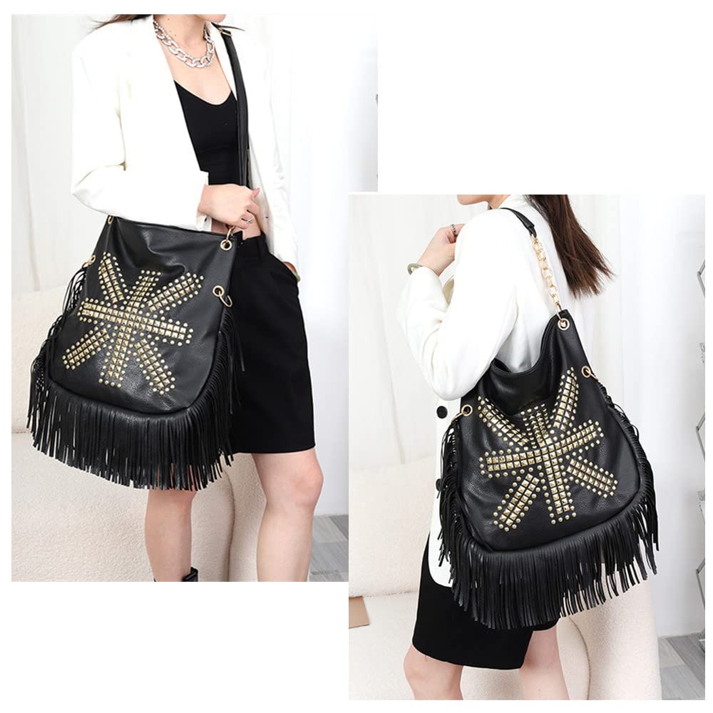 Stylish PU Leather Fringe Hobo Bag for Women - Large Studded Crossbody Handbag with Adjustable Strap | Perfect for Casual Outings, Parties, and Everyday Use