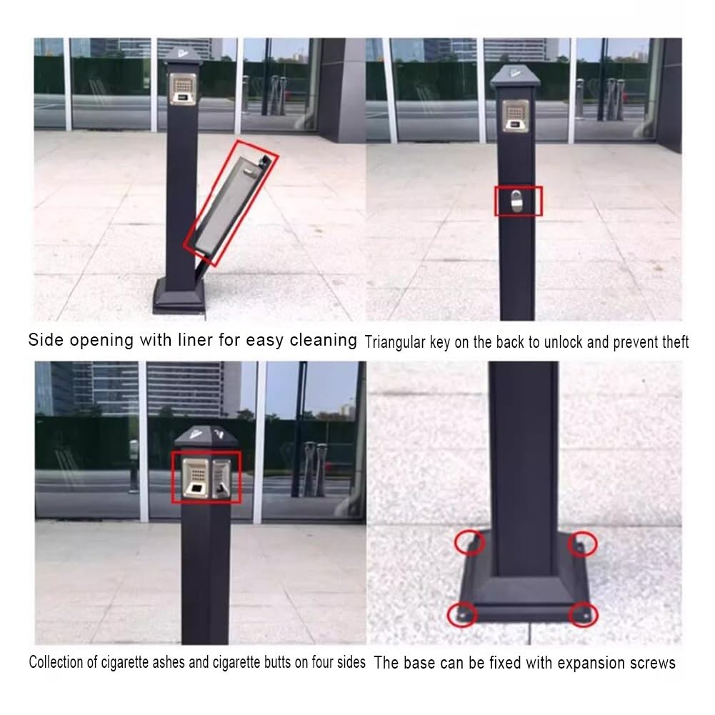 Stainless Steel Outdoor Cigarette Receptacle - Smokeless Vertical Ashtray for Patio, Deck & Garden - Black Cigarette Butt Disposal Bin (21x26x121cm) - Perfect for Restaurants, Hotels & Public Spaces