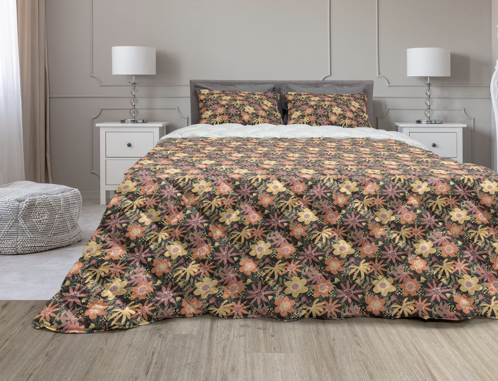 Ambesonne Botanical Comforter & Sham Bedding Set - Floral Garden Design with Tulip, Aster & Peony Blossoms - 3 Piece Microfiber Duvet Set in Cinnamon & Pale Orange - Full Size Bedding for Cozy Bedroom Decor - Perfect for Spring Refresh & Guest Room Makeover