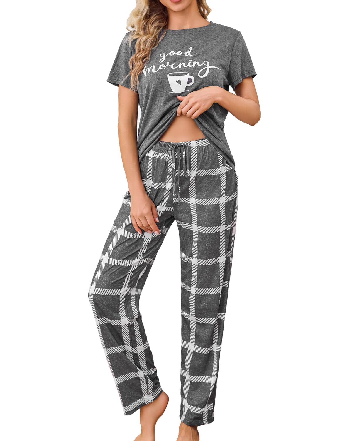 Difficort Women's Pajama Sets - Soft Short Sleeve Sleep Shirt & Comfortable Long Pants Lounge Outfit with Pockets - Perfect for Sleeping, Lounging & Home Relaxation