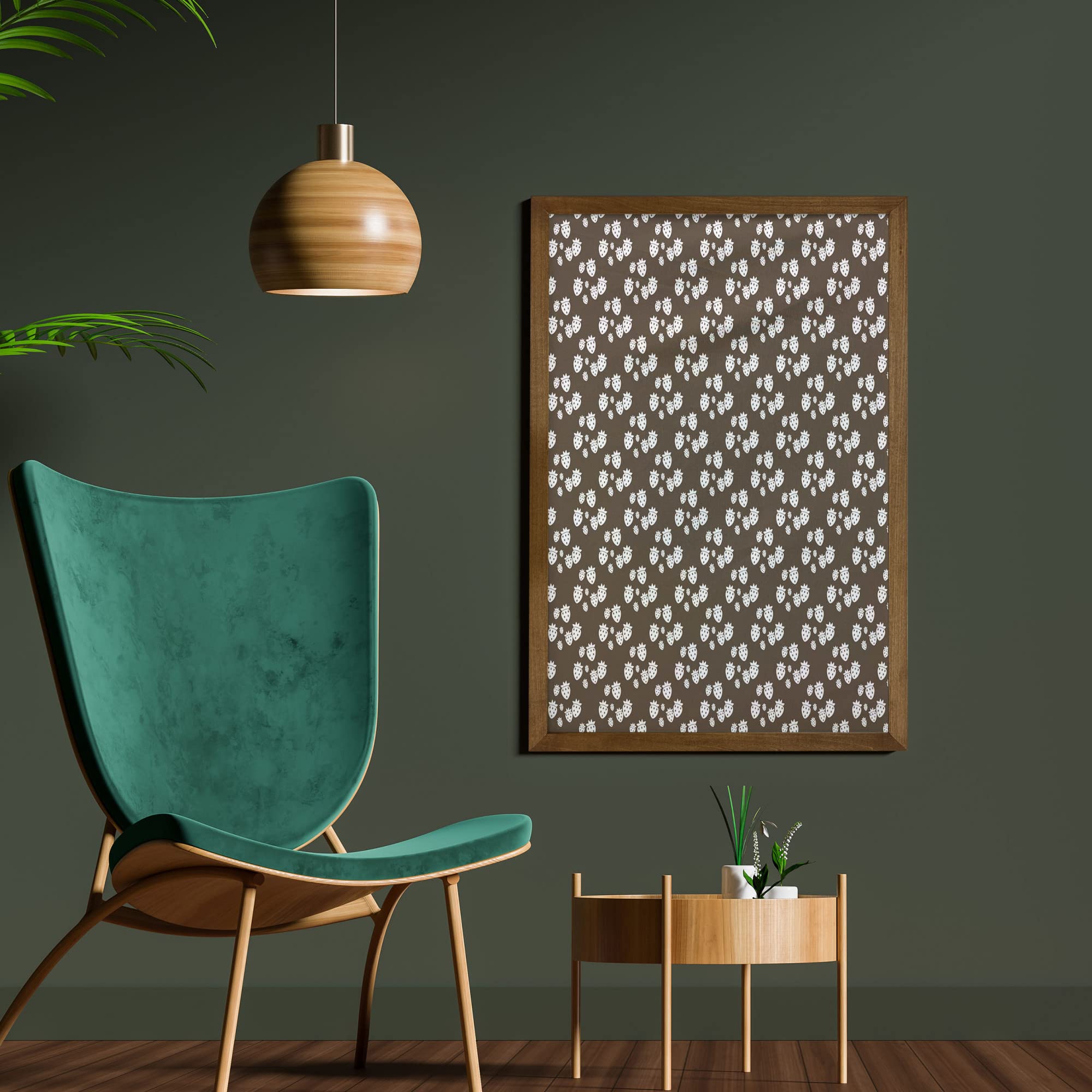 Ambesonne Strawberry Wall Art Print - Dark Taupe & White Silhouette Strawberries on Dark Background - 23x35 Inch Framed Fabric Decor with Teak Wood Frame - Perfect for Living Room, Bedroom, Dorm & Office Decoration