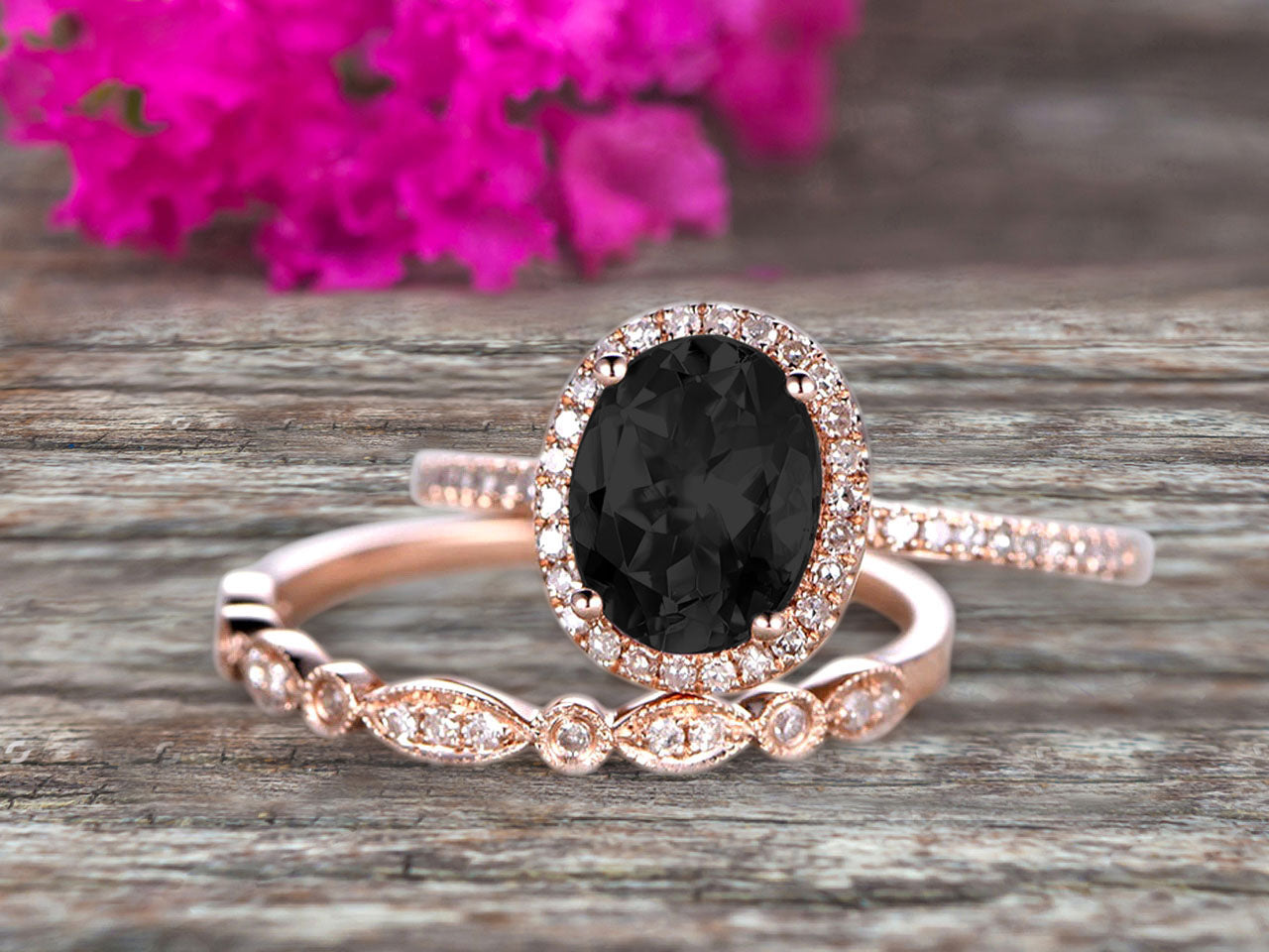 1.75 Carat Black Diamond Moissanite Wedding Set - Oval Shaped Art Deco Engagement Ring & Bridal Ring in 10k Rose Gold for Women - Perfect for Proposals, Anniversaries & Special Occasions