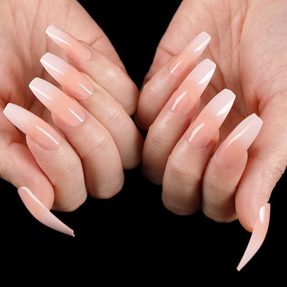 24pcs Coffin Ballerina False Nails - Pink Gradient Acrylic Long Fake Nails for Women | French Glossy Nail Tips | Perfect for Parties, Weddings & Special Occasions