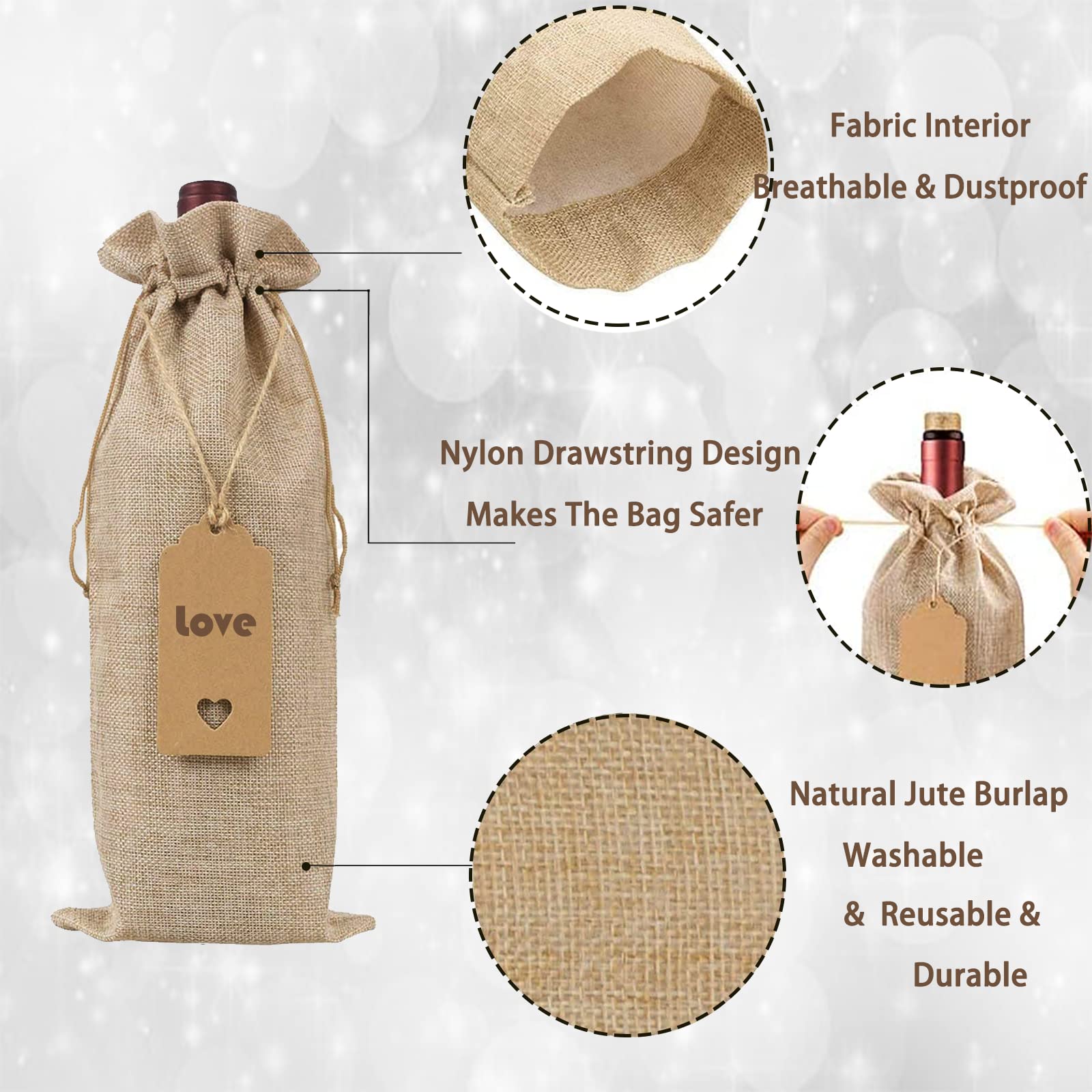 12-Pack Reusable Burlap Wine Gift Bags with Drawstrings - Eco-Friendly Wine Bottle Bags for Parties, Christmas, Weddings, Travel & Home Storage - Perfect for Gifting, Entertaining and Organizing