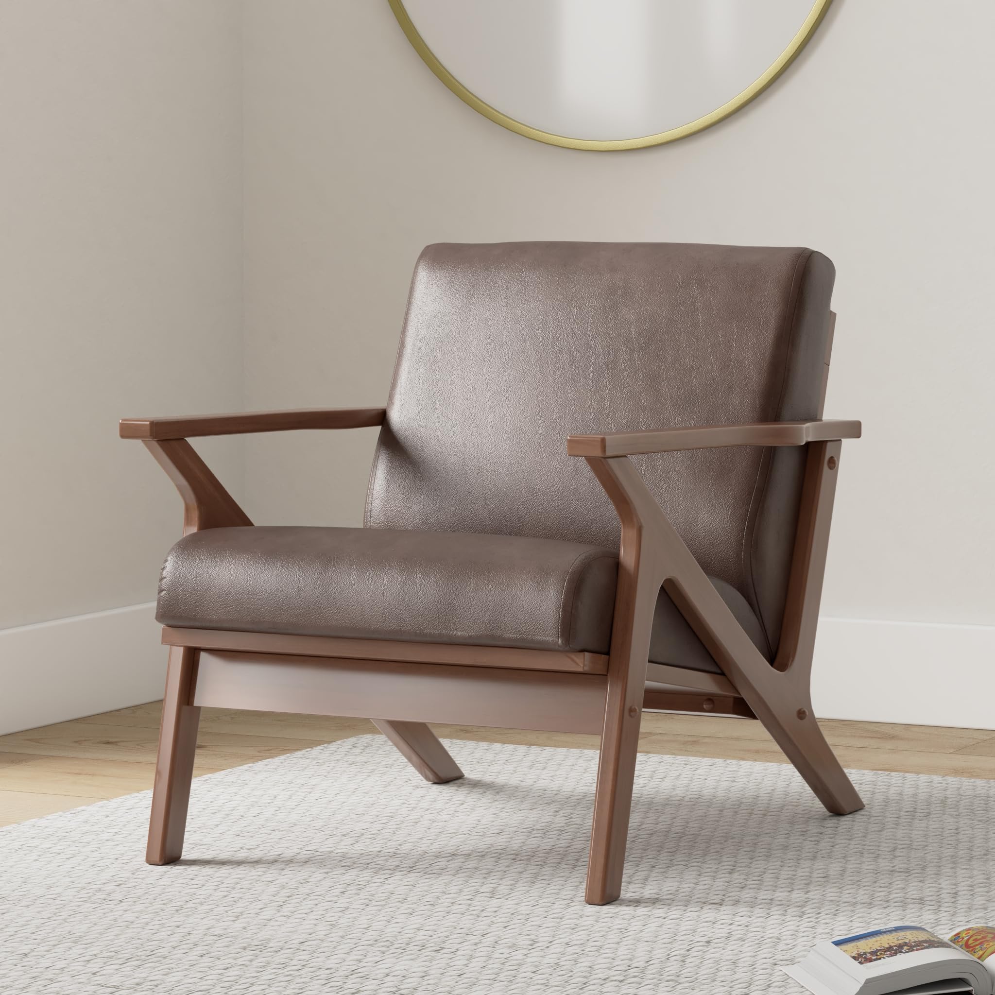 Mid Century Modern Accent Chair - Solid Wood Frame Armchair in Brown/Walnut for Living Room, Bedroom & Reading Nook - Stylish Home Furniture for Relaxation & Decor