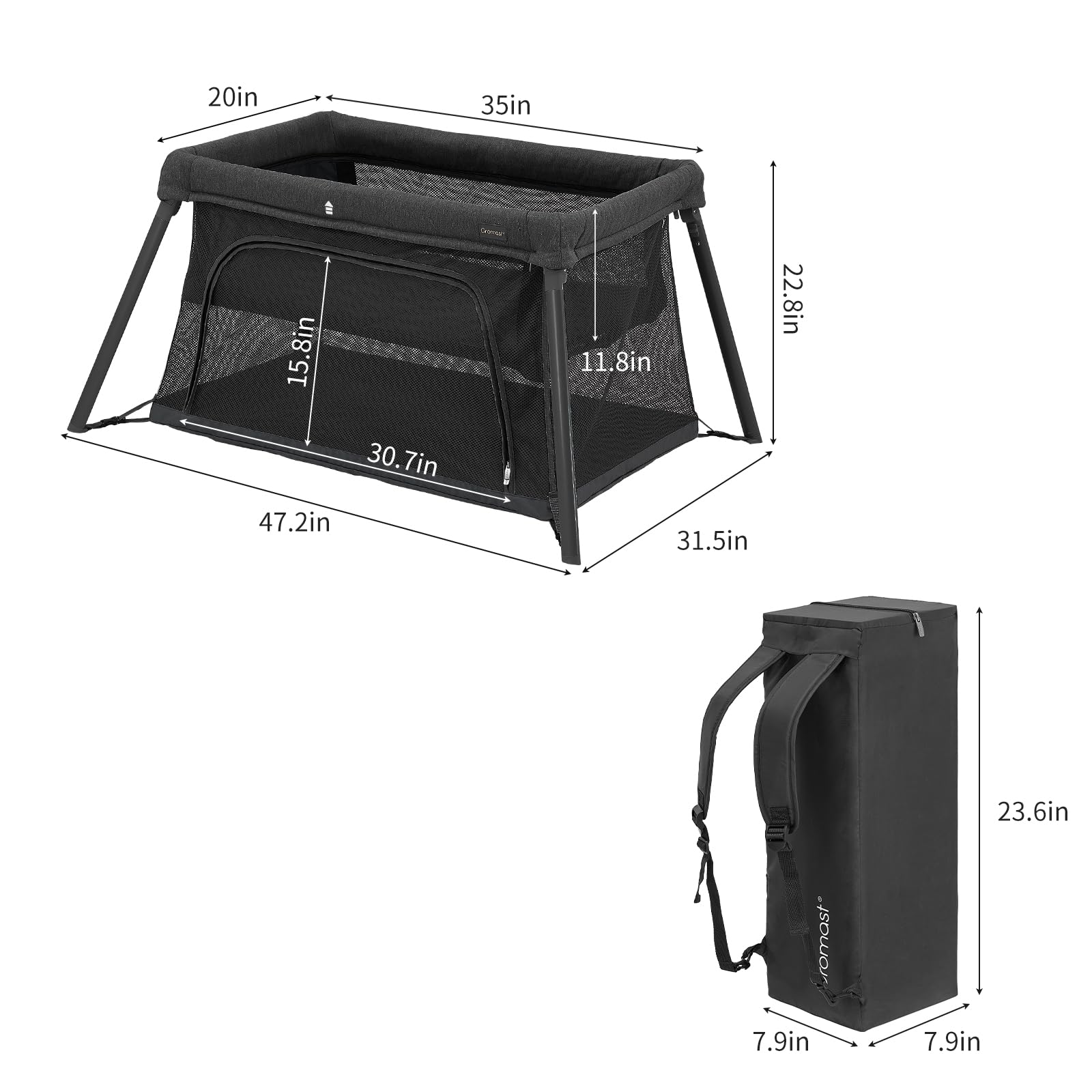 2 in 1 Portable Travel Crib for Toddlers & Babies - Lightweight Foldable Playpen with Soft Mattress | Indoor & Outdoor Baby Travel Bed for Camping, Hotels & Home Use (Black)