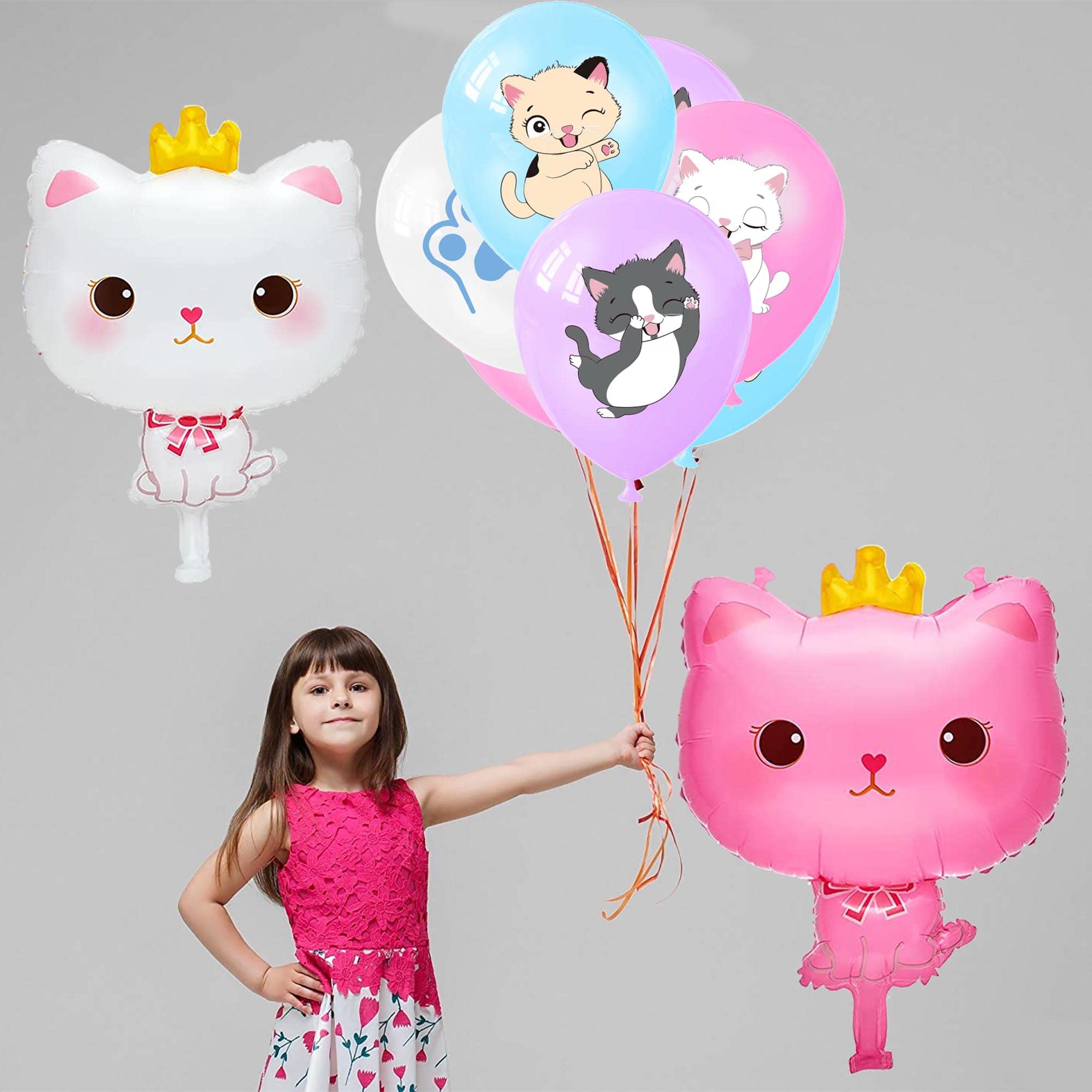 16 Cartoon Cat Print Latex Balloons & 4 Crown Cat Foil Balloons - Kitty Theme Party Decorations for Birthday, Baby Shower, Cat Lover Celebration - Perfect for Indoor/Outdoor Events, Photo Backdrops & Themed Parties