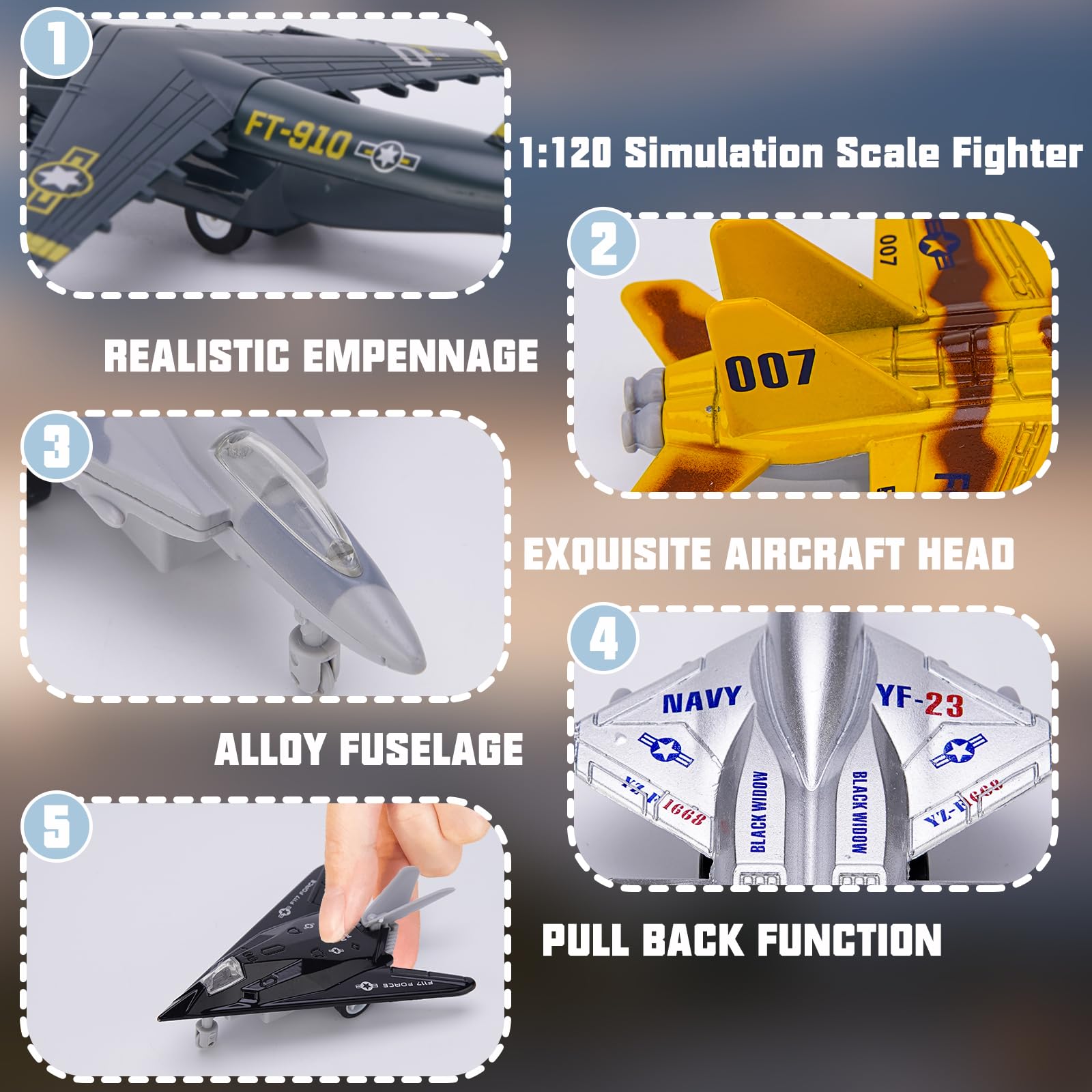 5-Pack Military Fighter Jet Toy Set with Lights & Sounds - Die-Cast Metal Pull Back Airplane Toys for Kids Ages 3+, Perfect for Pretend Play, Birthday Gifts & STEM Learning (Army, Navy, Air Force Models)