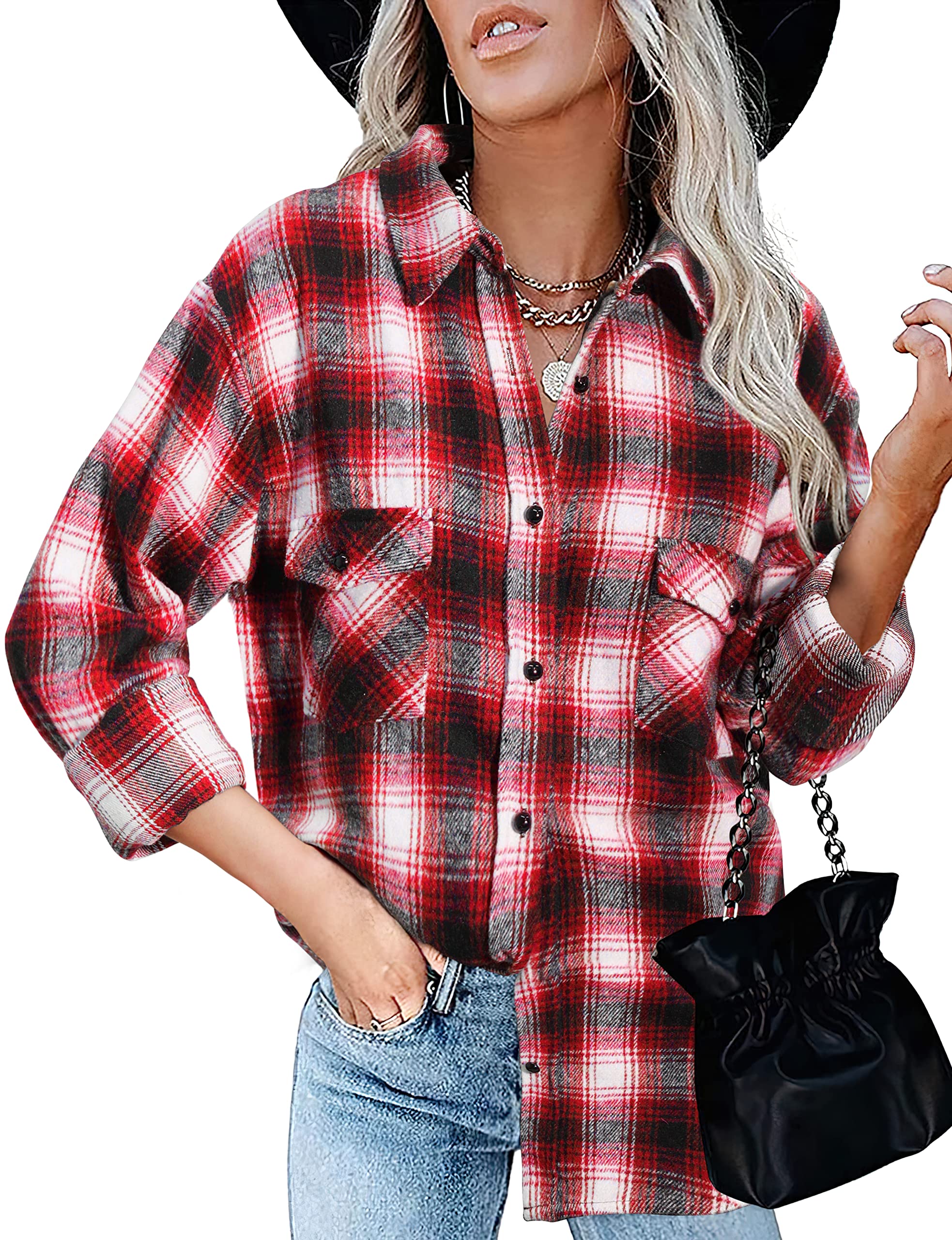 BTFBM Women's Plaid Flannel Shacket - Long Sleeve Button Down Casual Shirt Jacket for Fall & Spring | Loose Fit Blouse Top for Outdoor Activities, Work & Weekend Wear (2025 Fashion)