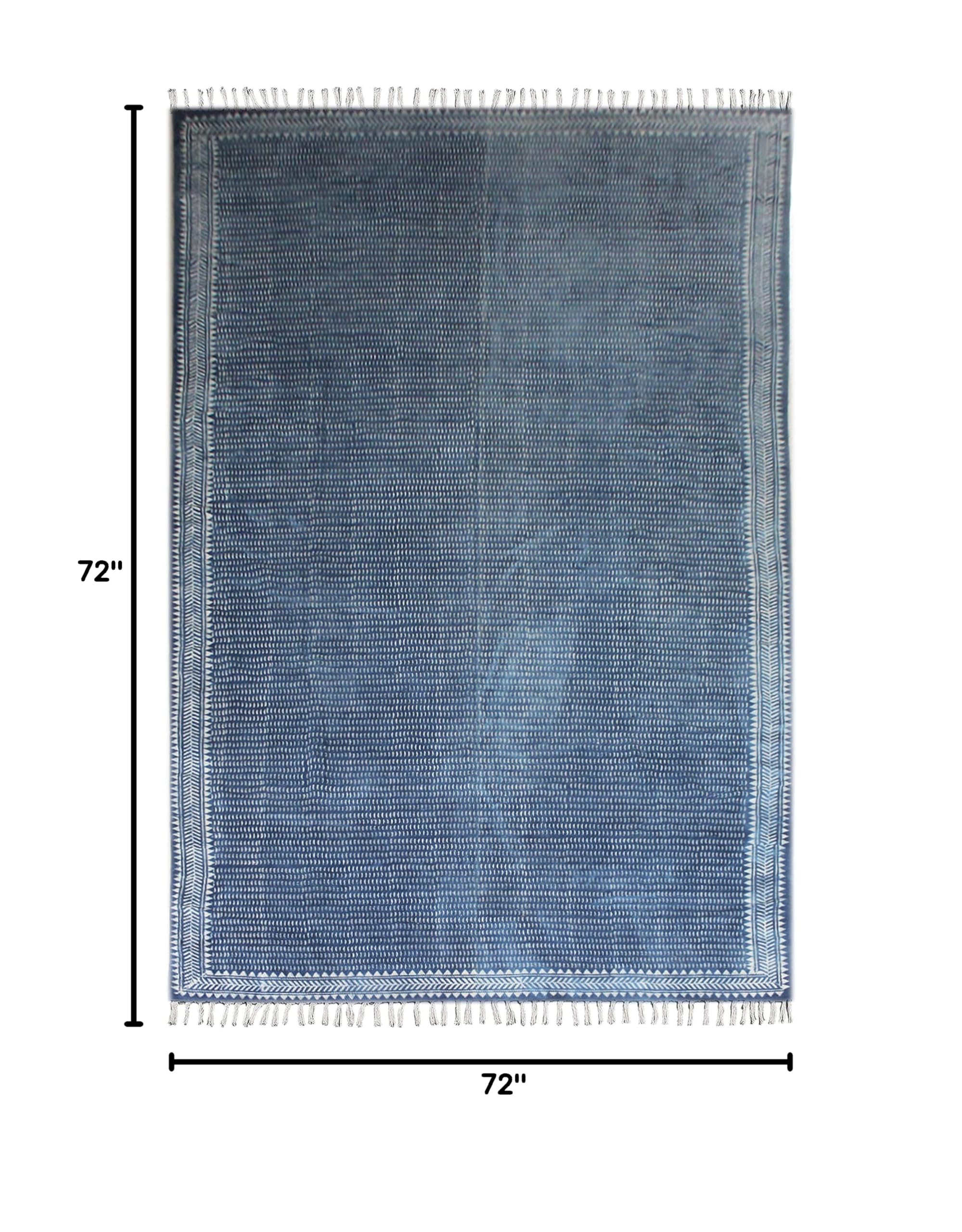 Blue Boho Rug - Handmade Dabu Print Cotton Flat Woven Bohemian Tribal Rug with Tassels | 6x6 Feet (180x180 cm) | Easy Washable Kitchen & Bathroom Mat | Perfect for Farmhouse Bedroom, Hallway & Boho Decor