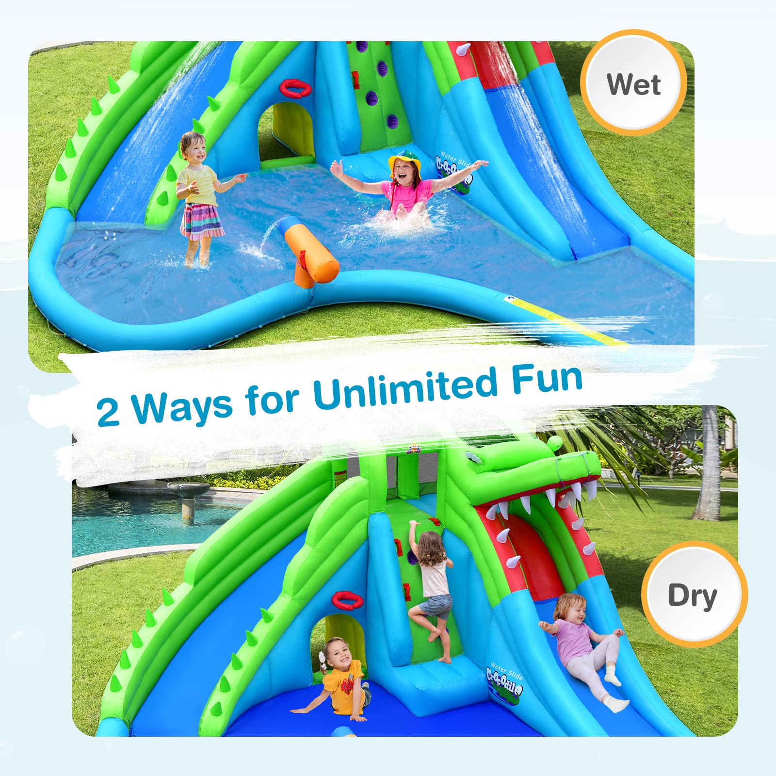 BOUNTECH 7-in-1 Inflatable Water Slide for Kids - Crocodile Mighty Water Park with Splash Pool, Climbing Wall, Water Cannon & Tunnel | Backyard Outdoor Summer Fun | Birthday Party, Family Gatherings, Poolside Entertainment (Air Blower Not Included)