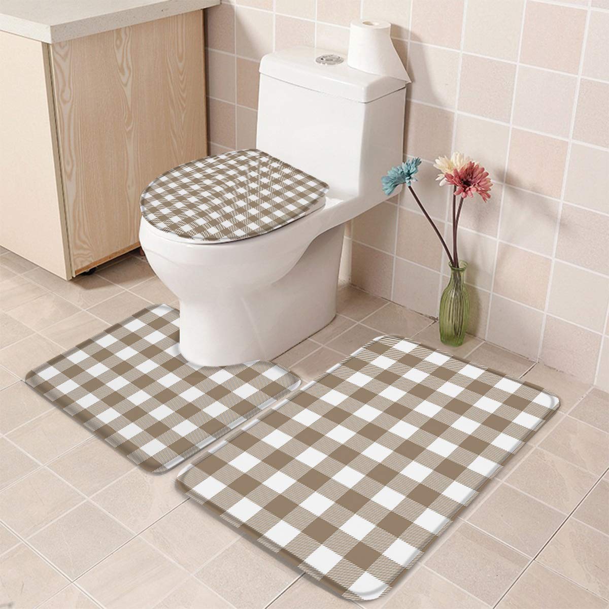 3-Piece Bathroom Rug Set - Soft Absorbent Non-Slip Bath Mats with Toilet Lid Cover, Light Brown Buffalo Check Plaid Pattern - Perfect for Bathroom, Laundry Room & Guest Bath Decor