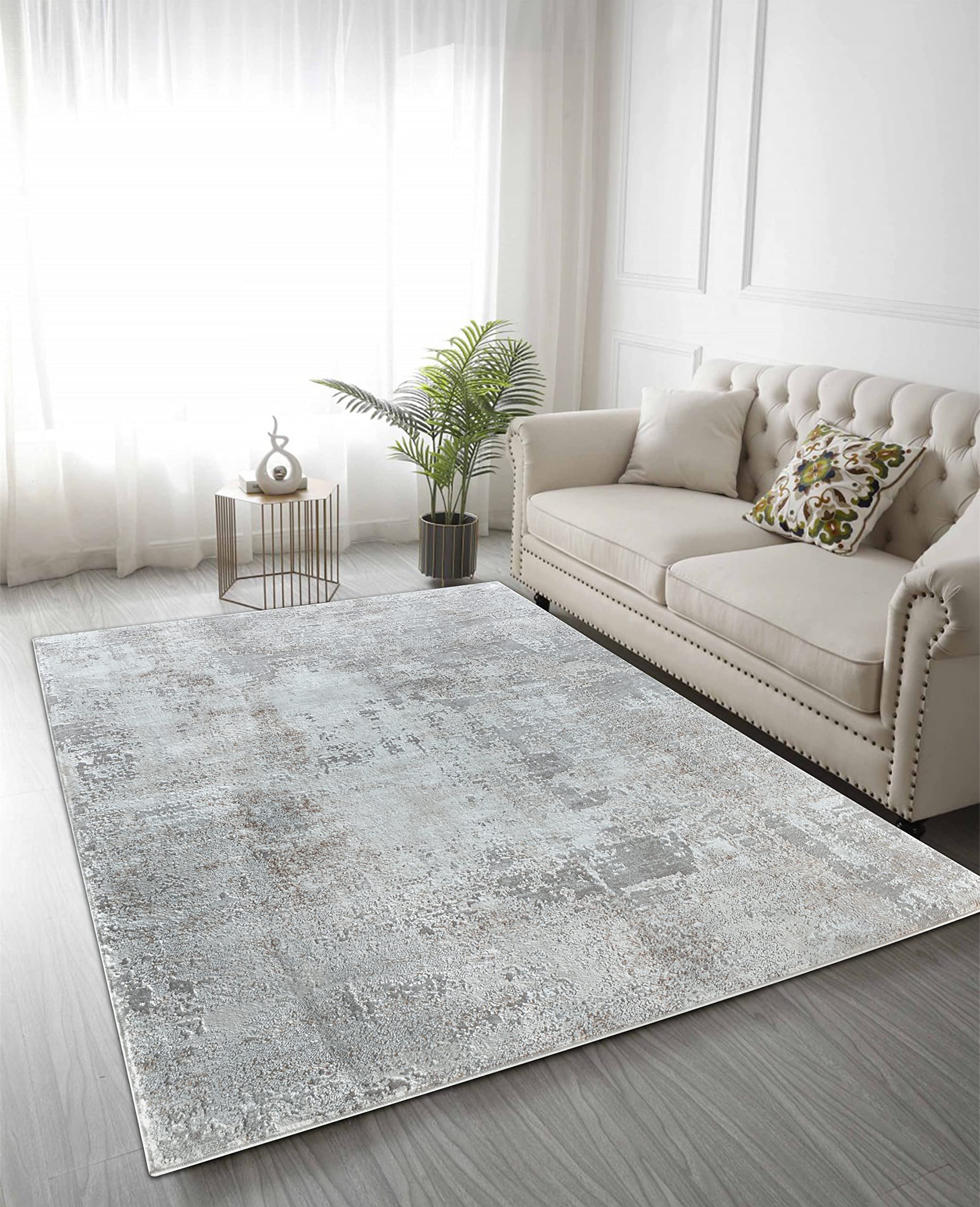 Modern Abstract Area Rug 8x10 - Cream Gold Faded Large Rug for Living Room, Bedroom, Home & Office - Soft Non-Slip Floor Mat for Cozy Home Decor & Workspace