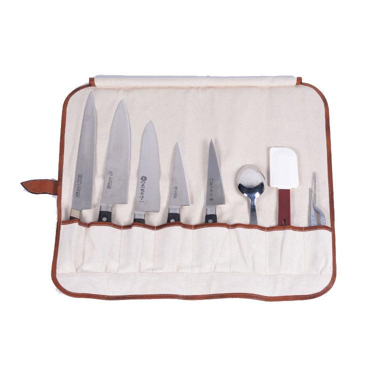 BOLB122 8-Pocket Brown Leather Knife Roll Bag with Buckle - Perfect for Chefs, Butchers & Outdoor Enthusiasts - Durable & Stylish Knife Storage for Kitchen, Hunting & Camping