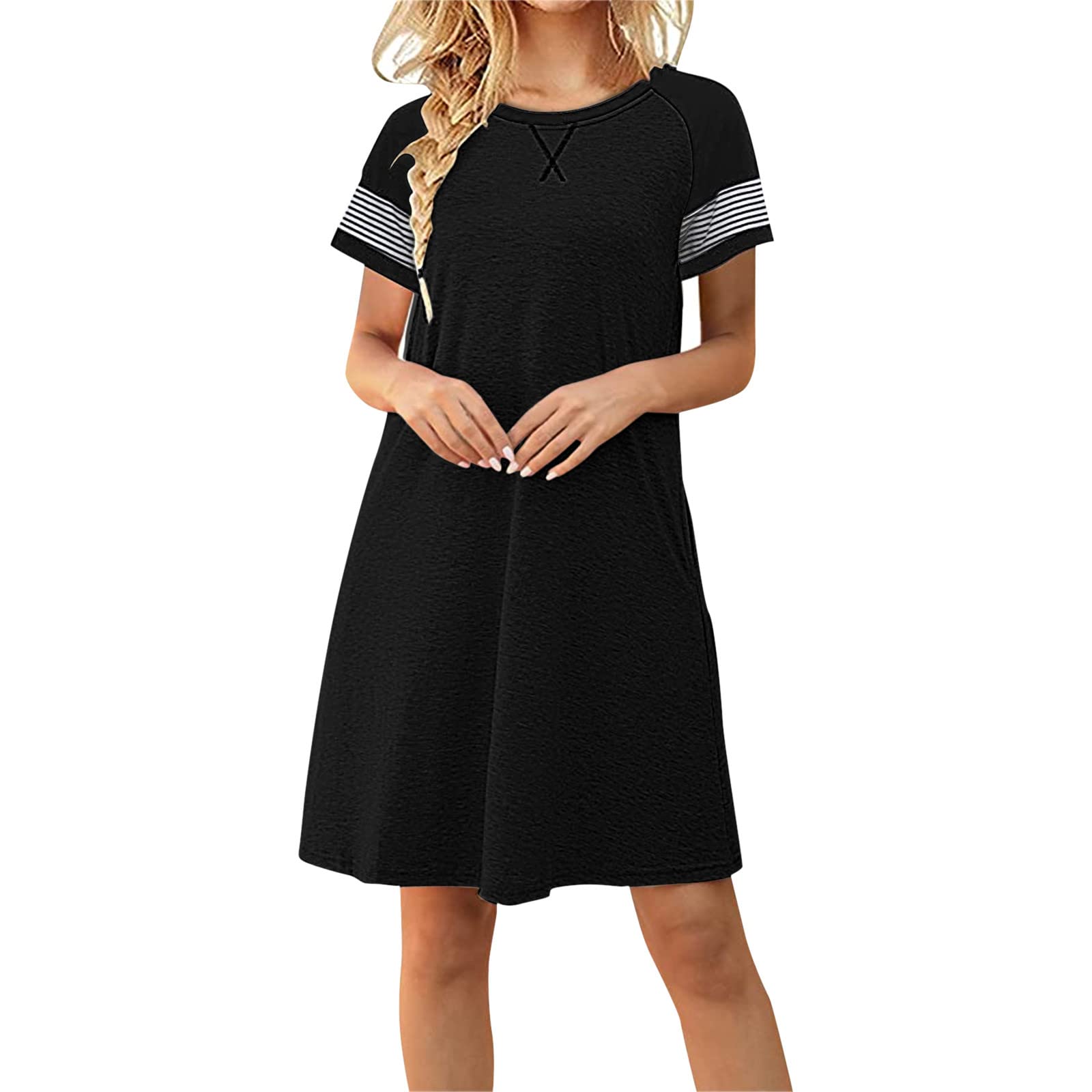 WalGRHFR Summer Dresses 2023 | Women's Casual Striped Loose Fit T-Shirt Dress with Short Sleeves & Pockets | Perfect for Beach Outings, Picnics & Summer Vacations