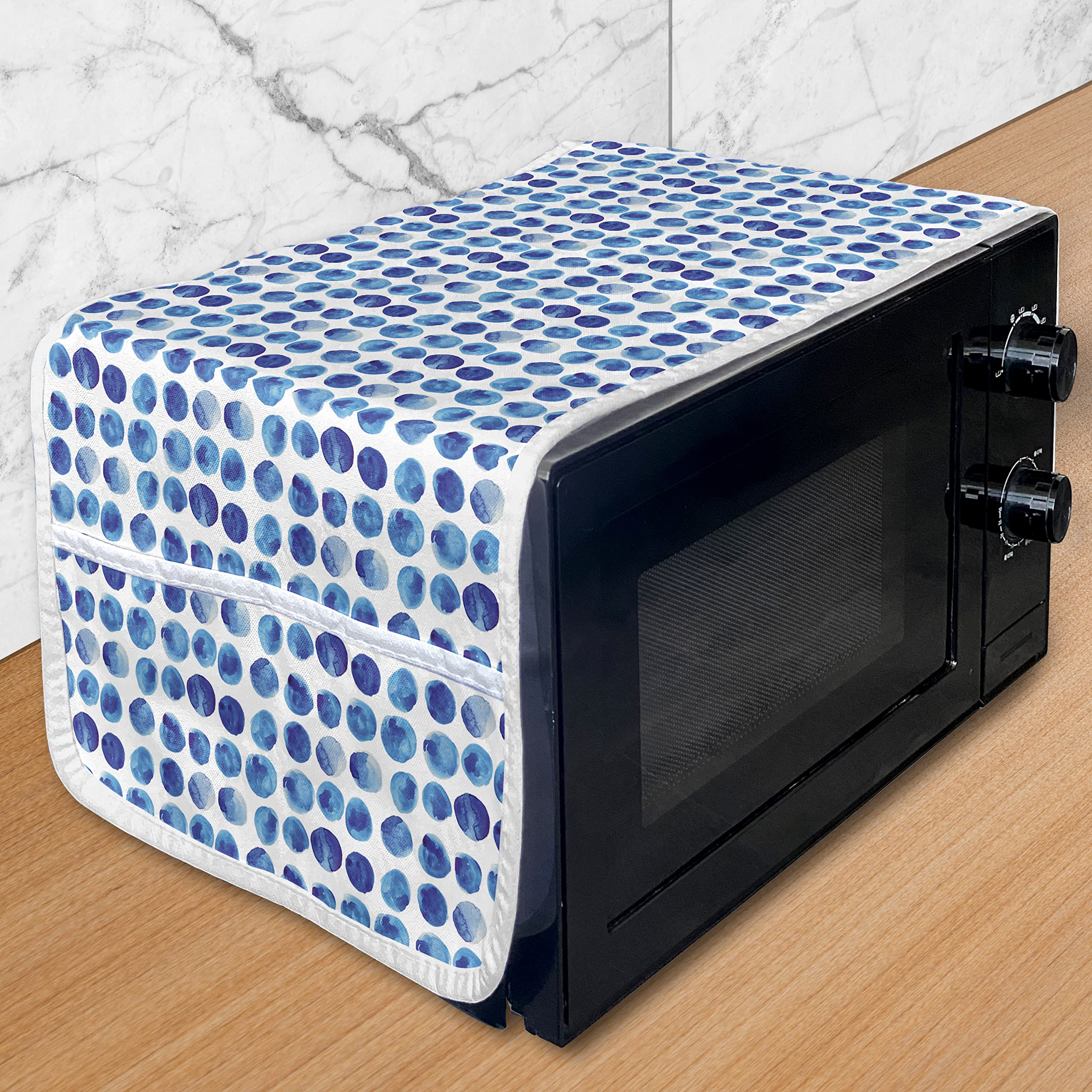 Lunarable Polka Dot Microwave Cover - Waterproof Kitchen Organizer with Pockets, Abstract Watercolor Brush Stroke Design, 36x12 Inches in Pale Blue & Navy | Perfect for Small Kitchen Appliances & Countertop Storage
