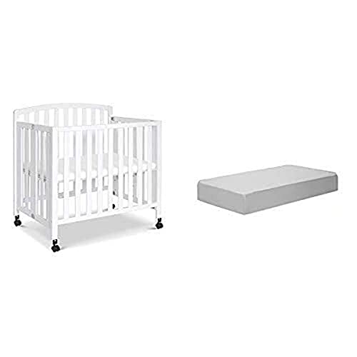 DaVinci Dylan Folding Portable 3-in-1 Mini Crib & Twin Bed - White with Slumber Mini Crib Mattress | Space-Saving Nursery Solution for Small Rooms & Travel