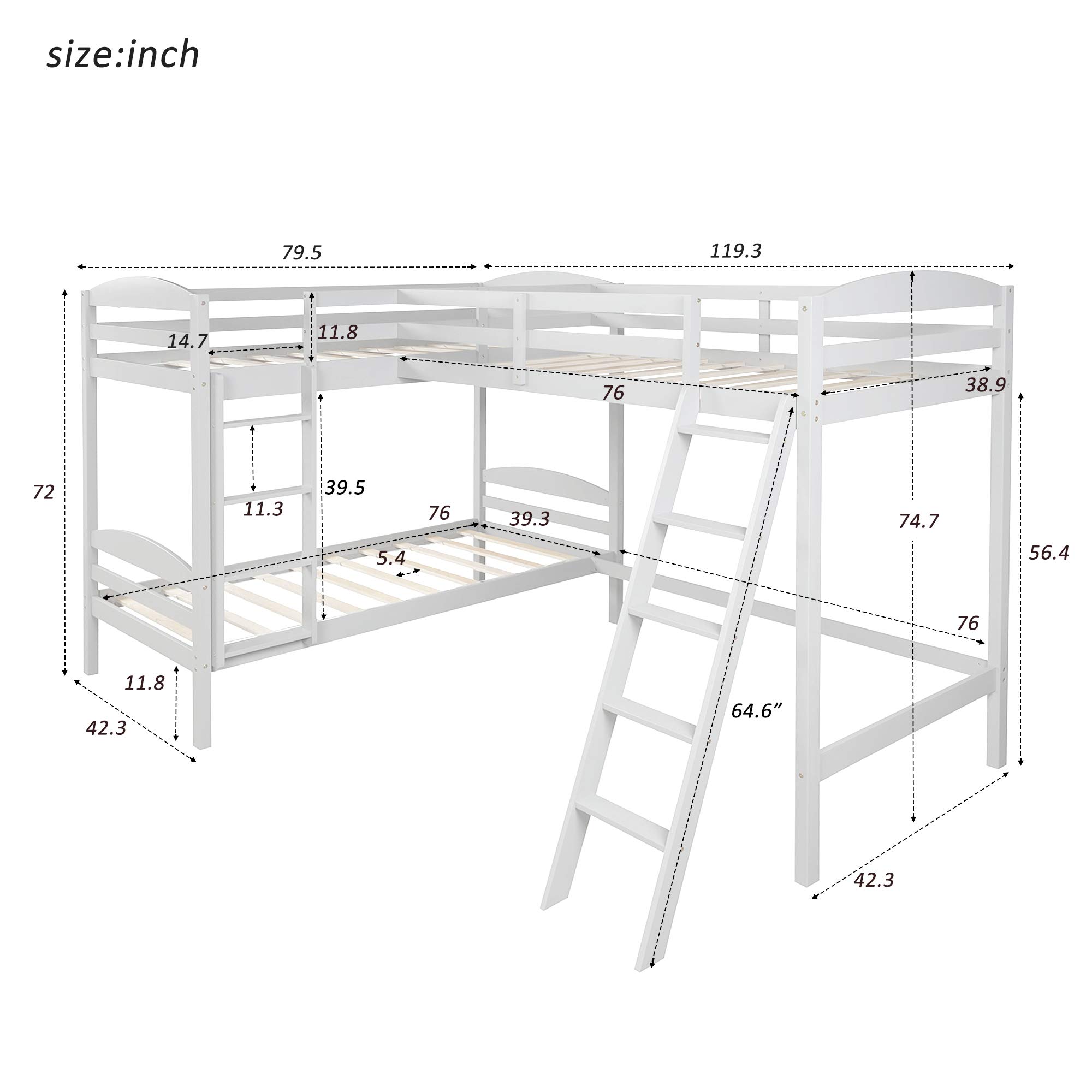 **Twin Size L-Shaped Wooden Bunk Bed & Loft Bed for Kids - 3 Person Corner Bunk Bed Frame with 2 Ladders & Guardrail (White) - Perfect for Small Bedrooms, Shared Kids' Rooms & Space-Saving Solutions**