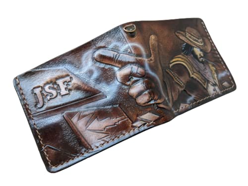 Twisted Fate Jinx Card Master Cowboy Men's 3D Genuine Leather Bifold Wallet - Handmade Carved Tooled Airbrush Art Custom Personalized Gift for Gamers & Western Fans - Perfect for Everyday Use, Gifts & Collectibles