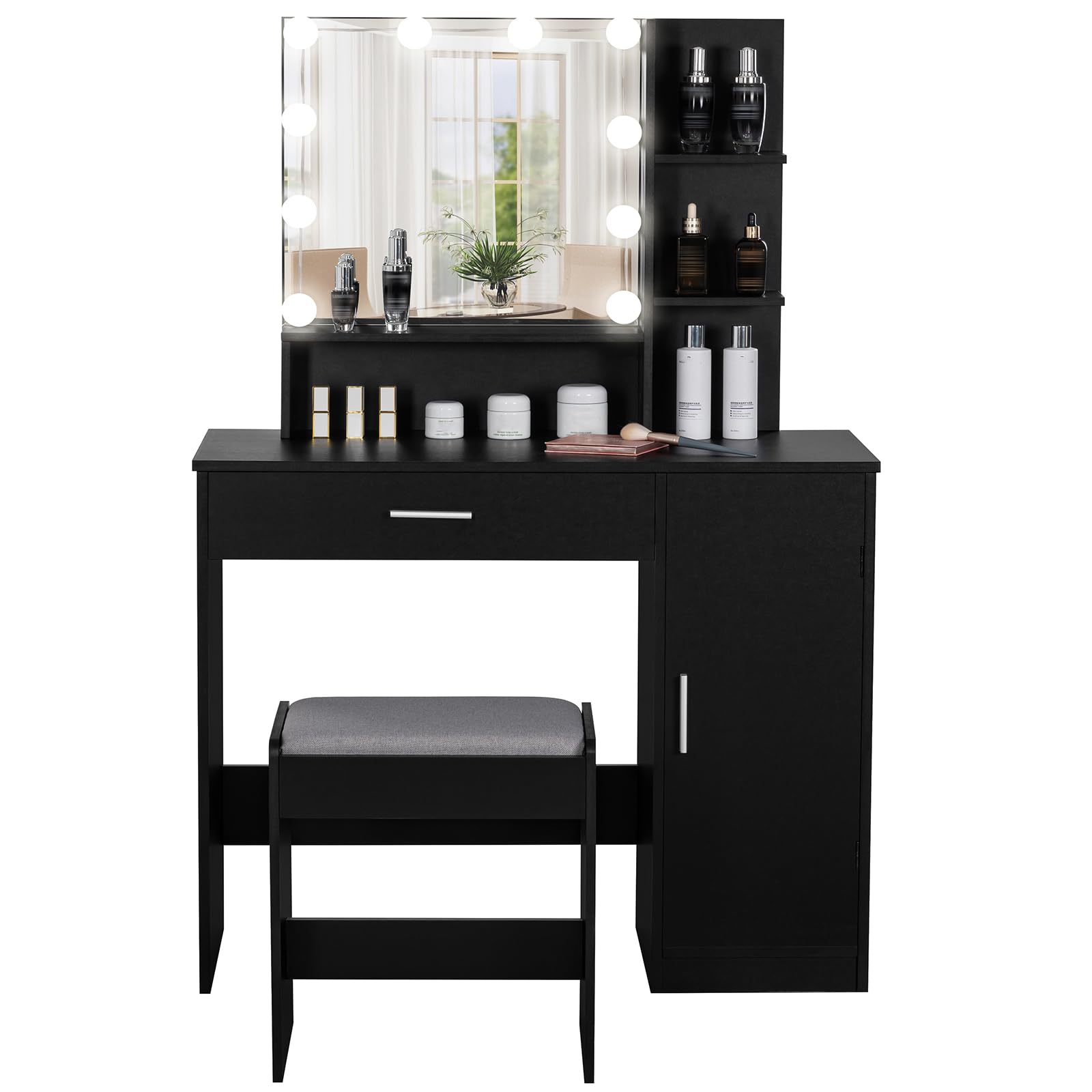 USIKEY Makeup Vanity Desk with LED Lights & Mirror - 3-Tier Storage Vanity Table with Drawer, Cabinet & Stool - Elegant Black Dressing Table for Bedroom, Perfect for Makeup Application & Beauty Organization