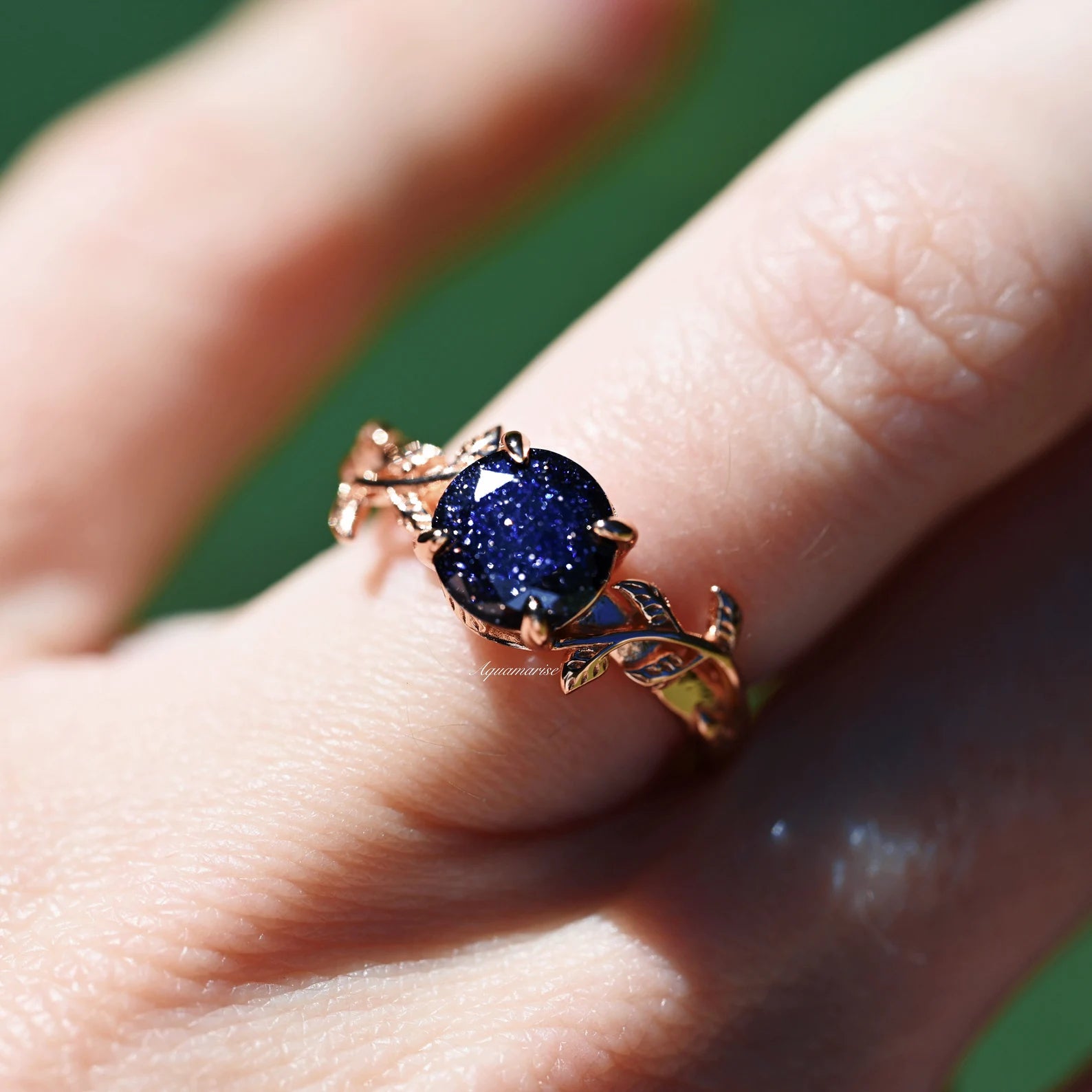 14K Rose Gold Vermeil Galaxy Sandstone (Starry Night) Leaf Ring - Elegant Bohemian Jewelry for Women, Perfect for Weddings, Parties & Everyday Wear