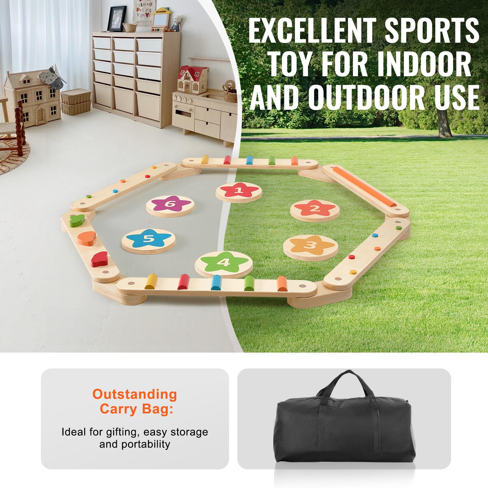 VEVOR Wooden Balance Beam Stepping Stones - 6 PCS Montessori Toys for Toddlers Age 2-6 | Improve Coordination & Gross Motor Skills | Indoor/Outdoor Gymnastics Obstacle Course for Boys & Girls | Perfect for Playrooms, Backyards & Preschool Activities