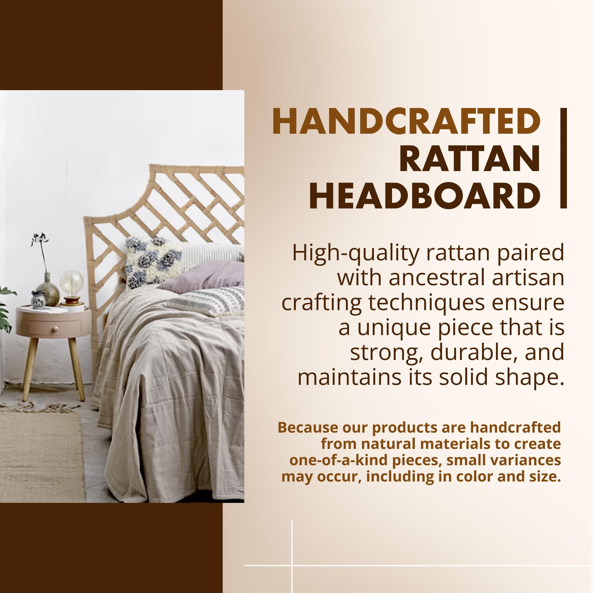 Kouboo Rattan Chippendale Headboard Queen Size - Natural Woven Bohemian Bedroom Furniture - Perfect for Master Bedroom, Guest Room & Coastal Home Decor