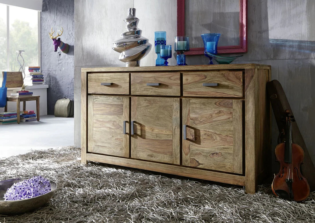 Gfine Solid Sheesham Wood Sideboard - 4 Doors & 2 Drawers, 145x45x86cm - Perfect for Living Room Storage & Dining Room Organization
