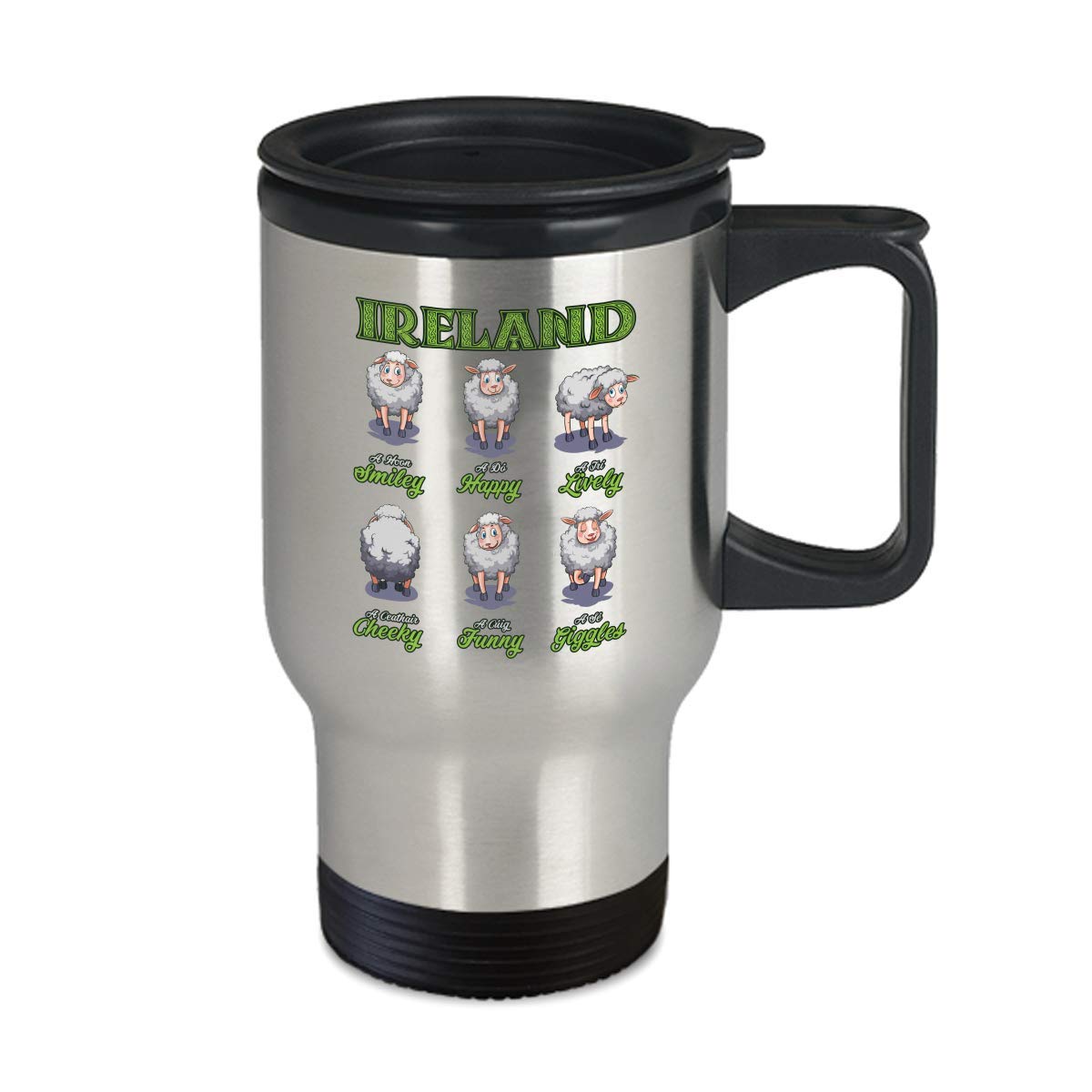 14 oz Irish Saint Patrick's Day Travel Mug - Happy Sheep Ireland Design Coffee & Tea Insulated Cup for Commuting, Office & Farming | Perfect Gift for Irish Heritage Lovers