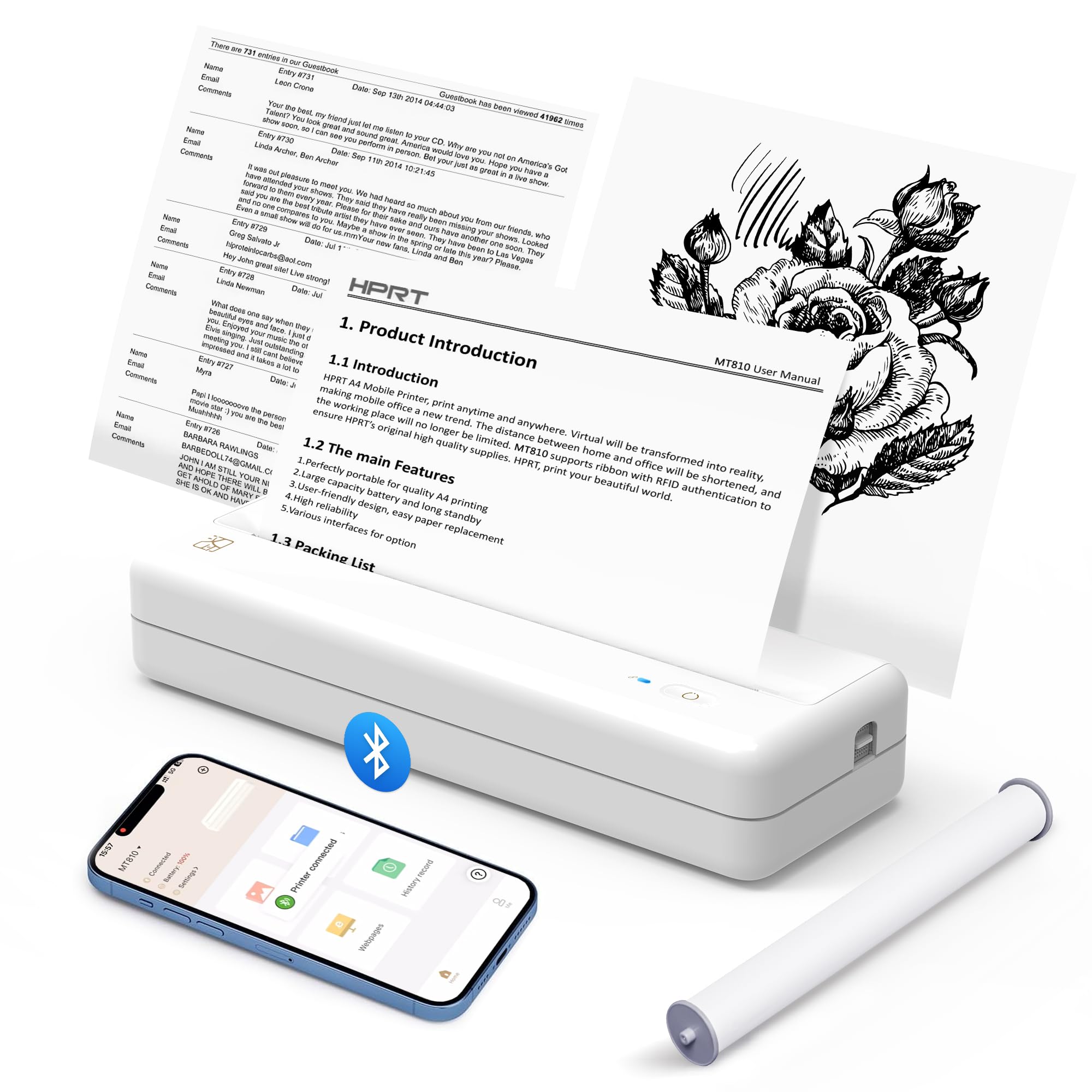 Wireless Thermal Printer for Home Office & Travel - Compact, Inkless, Works with 8