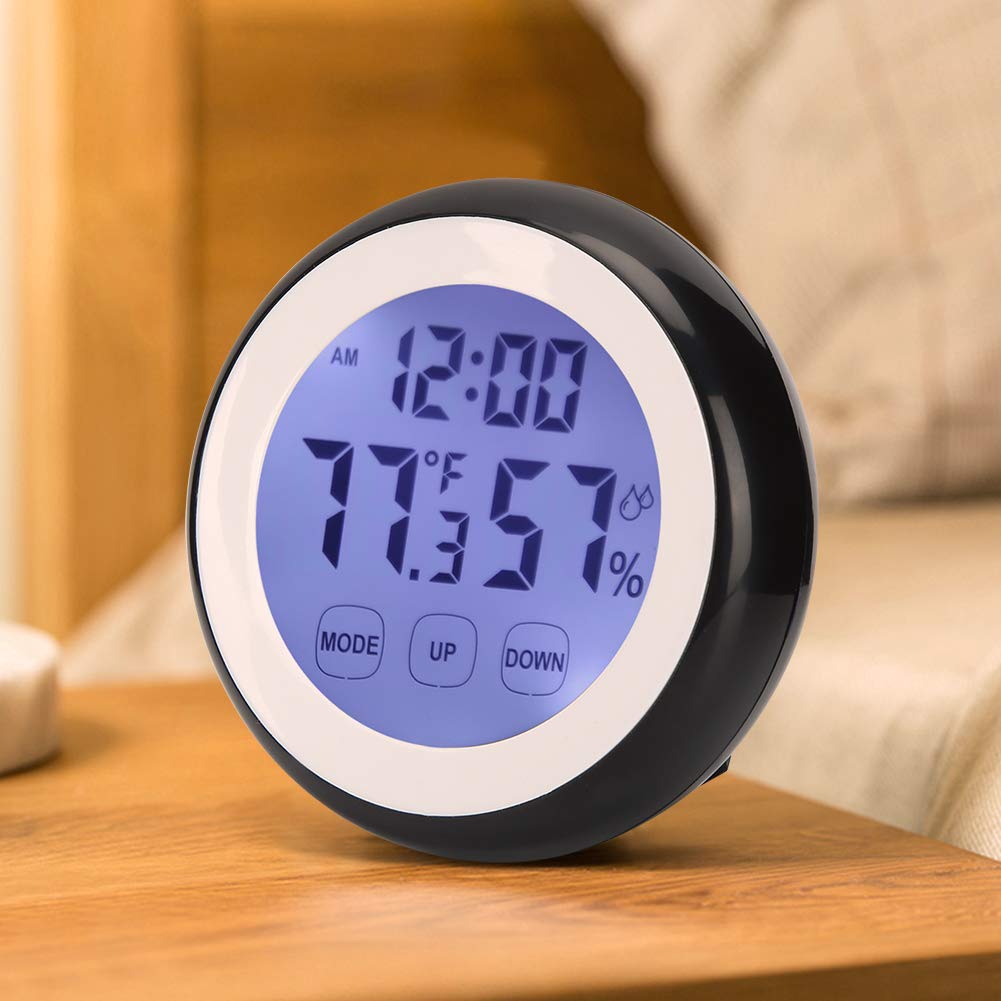 Digital Alarm Clock with Touch Control, Temperature & Humidity Display - Round Design for Heavy Sleepers, Bedside Table, Home & Office Use