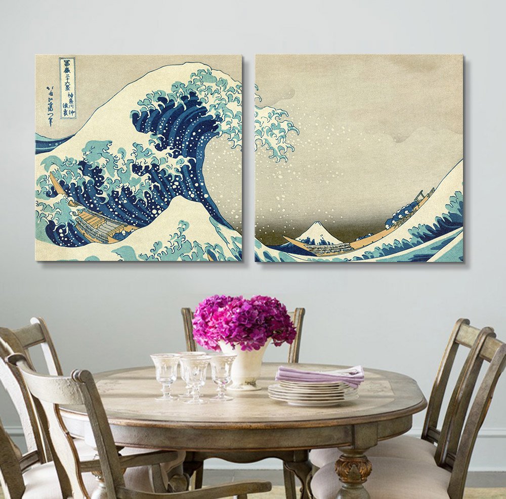 Wall26 2-Panel Square Canvas Wall Art - The Great Wave by Hokusai - Giclee Print Gallery Wrap Modern Home Decor - 24x24 Inches Each Panel - Ready to Hang - Perfect for Living Room, Bedroom & Office Decor